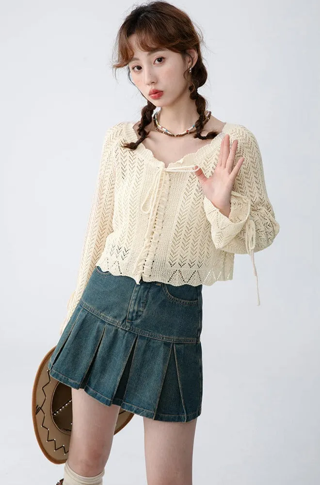 Open Knit Cropped Cardigan with Drawstrings