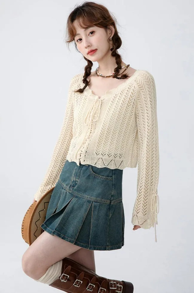 Open Knit Cropped Cardigan with Drawstrings