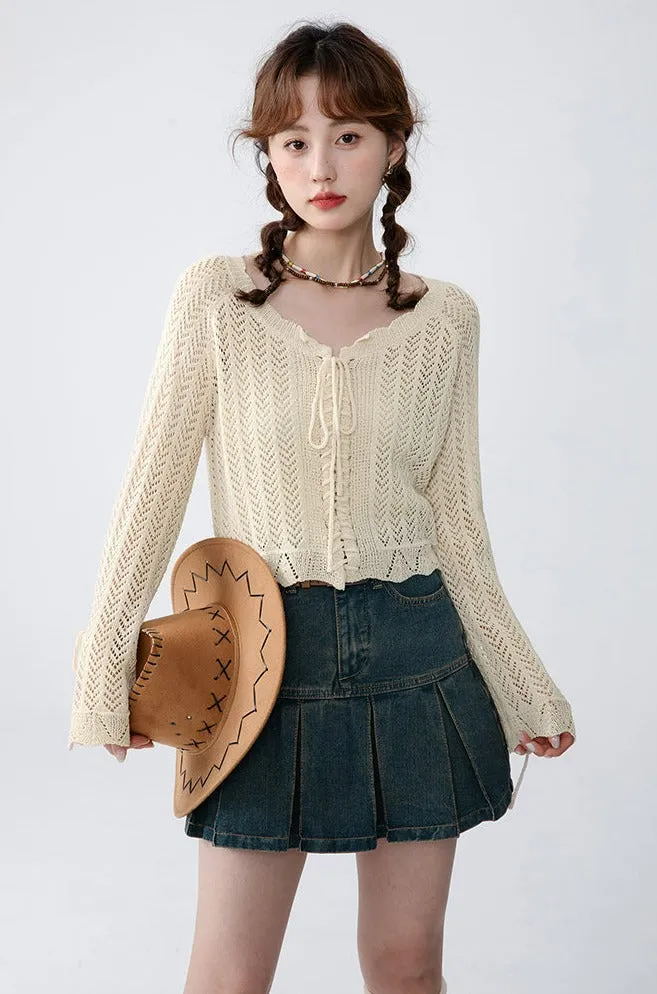 Open Knit Cropped Cardigan with Drawstrings