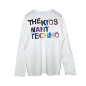 OUTLET - Relaxed Fit Beyaz Uzun Kollu Tişört 'THE KIDS WANT TECHNO' RAINBOW REFLECTIVE