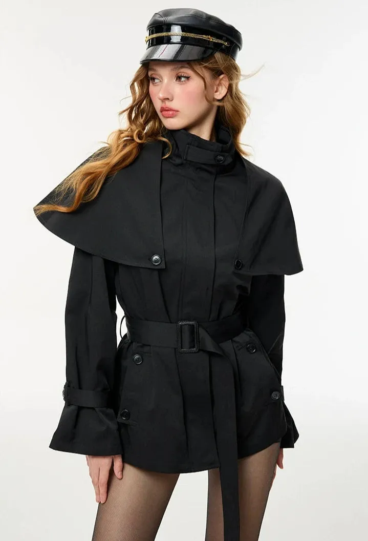 Oversized Stand Collar Trench Coat with Cape and Belt