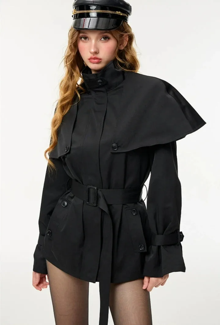 Oversized Stand Collar Trench Coat with Cape and Belt