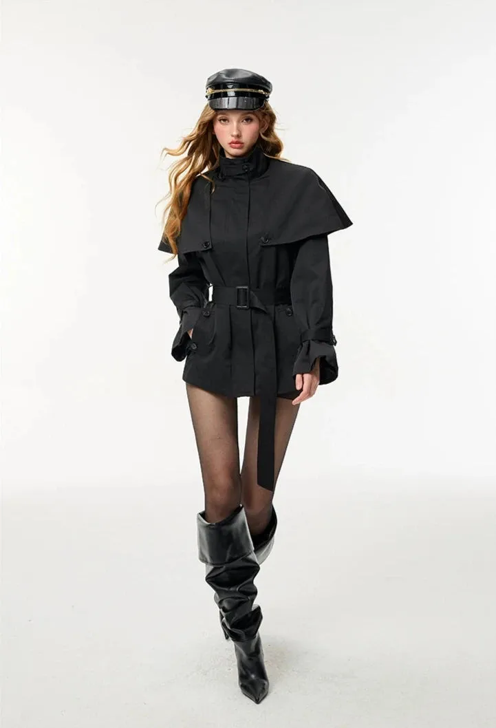 Oversized Stand Collar Trench Coat with Cape and Belt