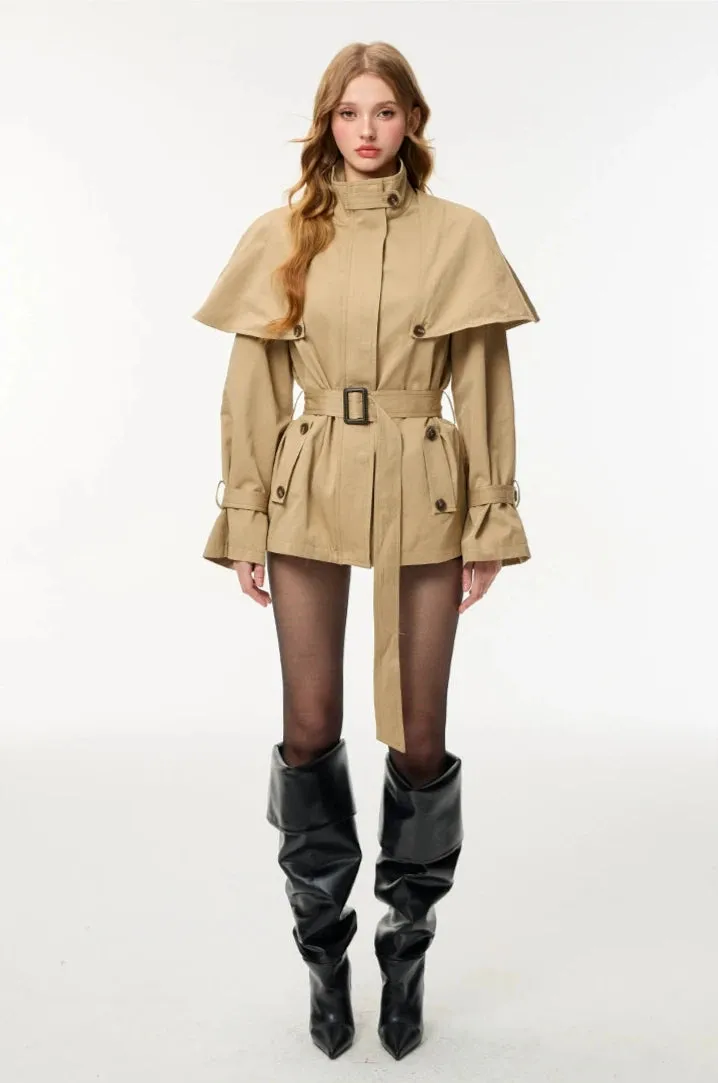 Oversized Stand Collar Trench Coat with Cape and Belt