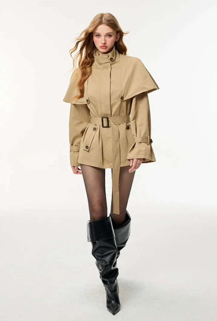 Oversized Stand Collar Trench Coat with Cape and Belt