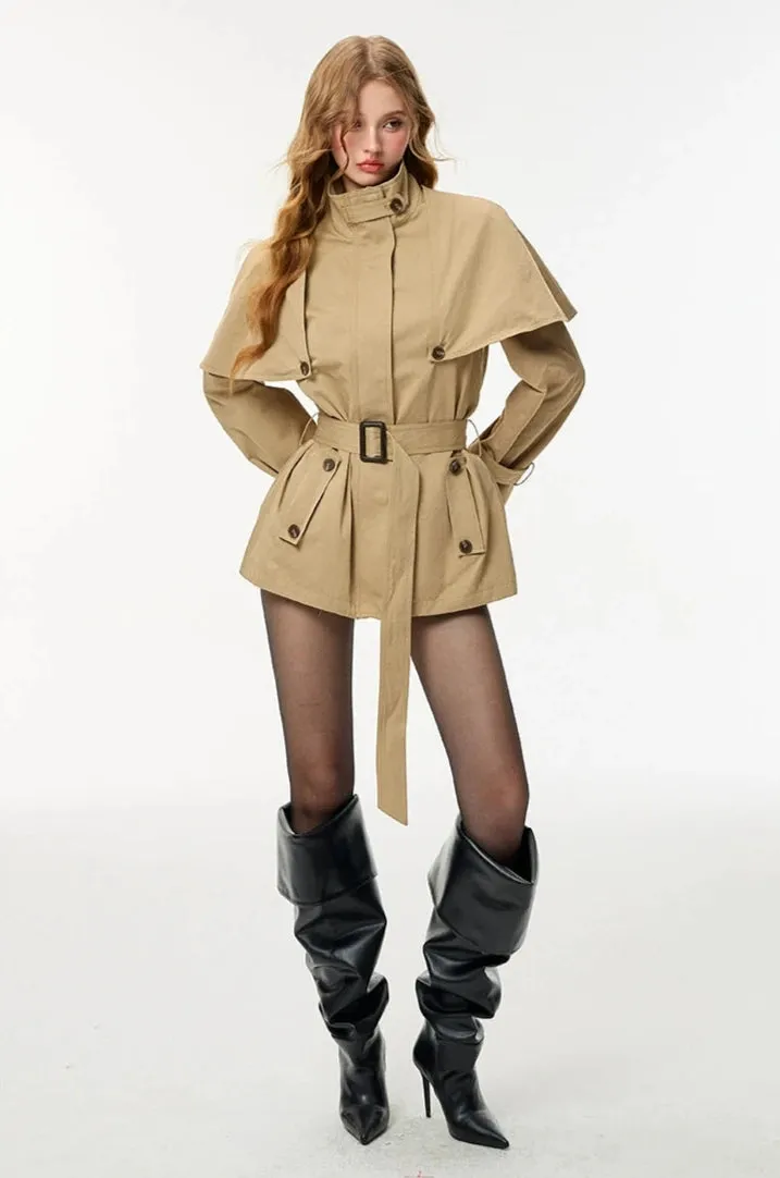 Oversized Stand Collar Trench Coat with Cape and Belt