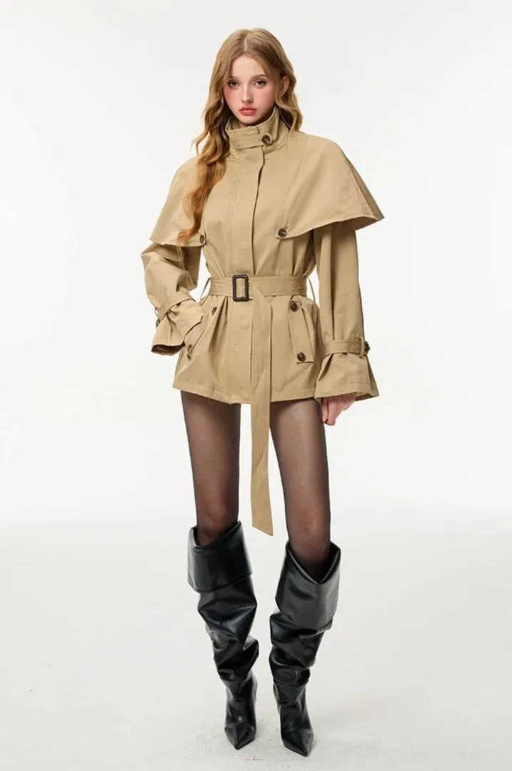 Oversized Stand Collar Trench Coat with Cape and Belt