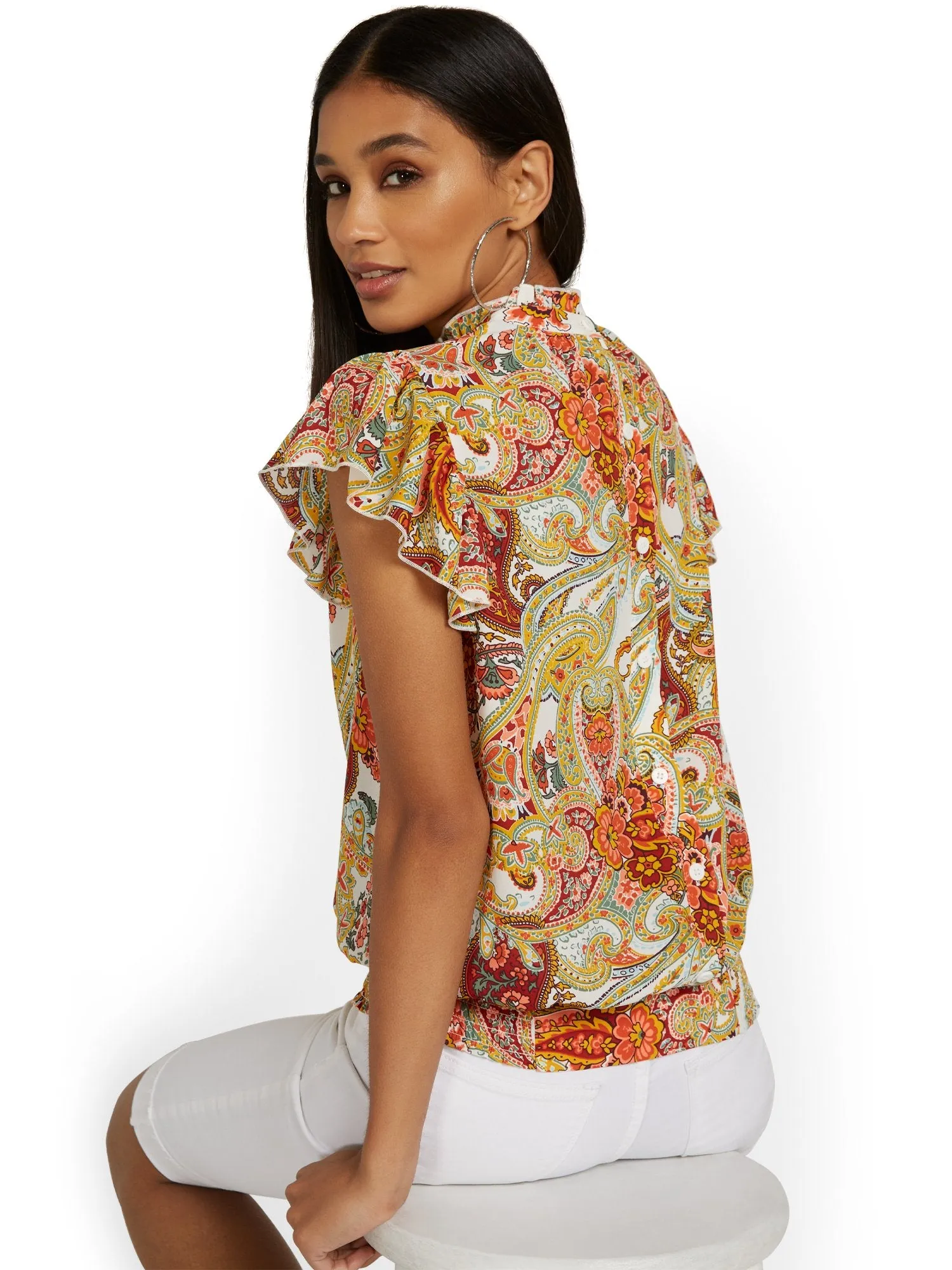 Paisley Flutter-Sleeve Button-Back Blouse