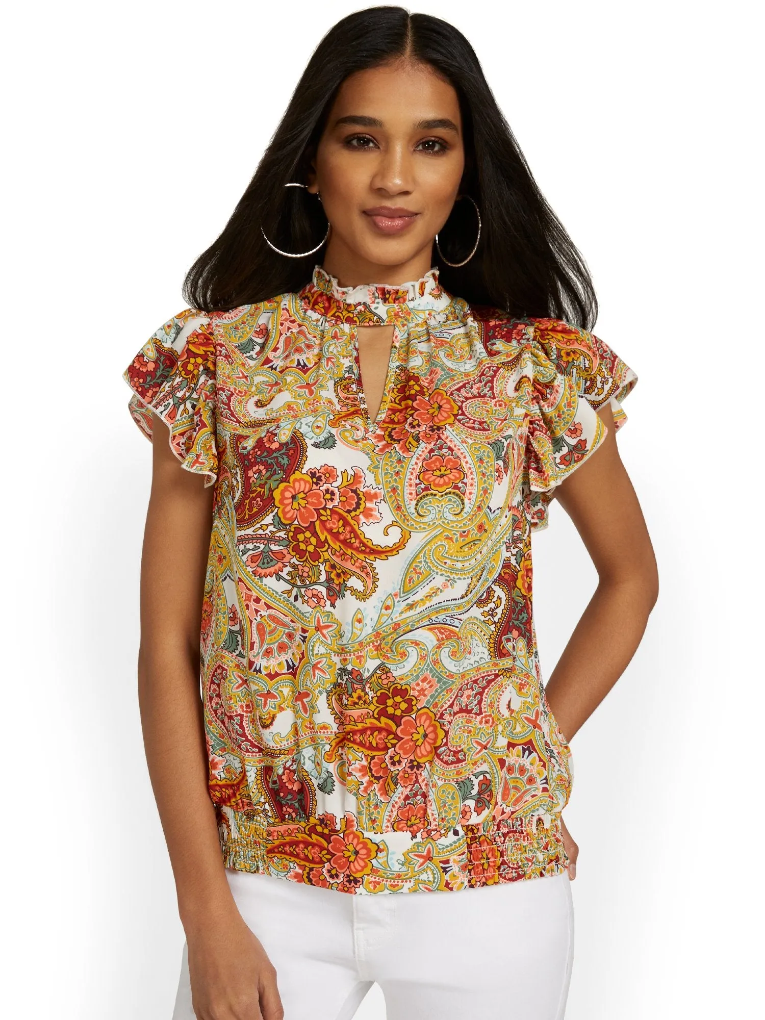 Paisley Flutter-Sleeve Button-Back Blouse