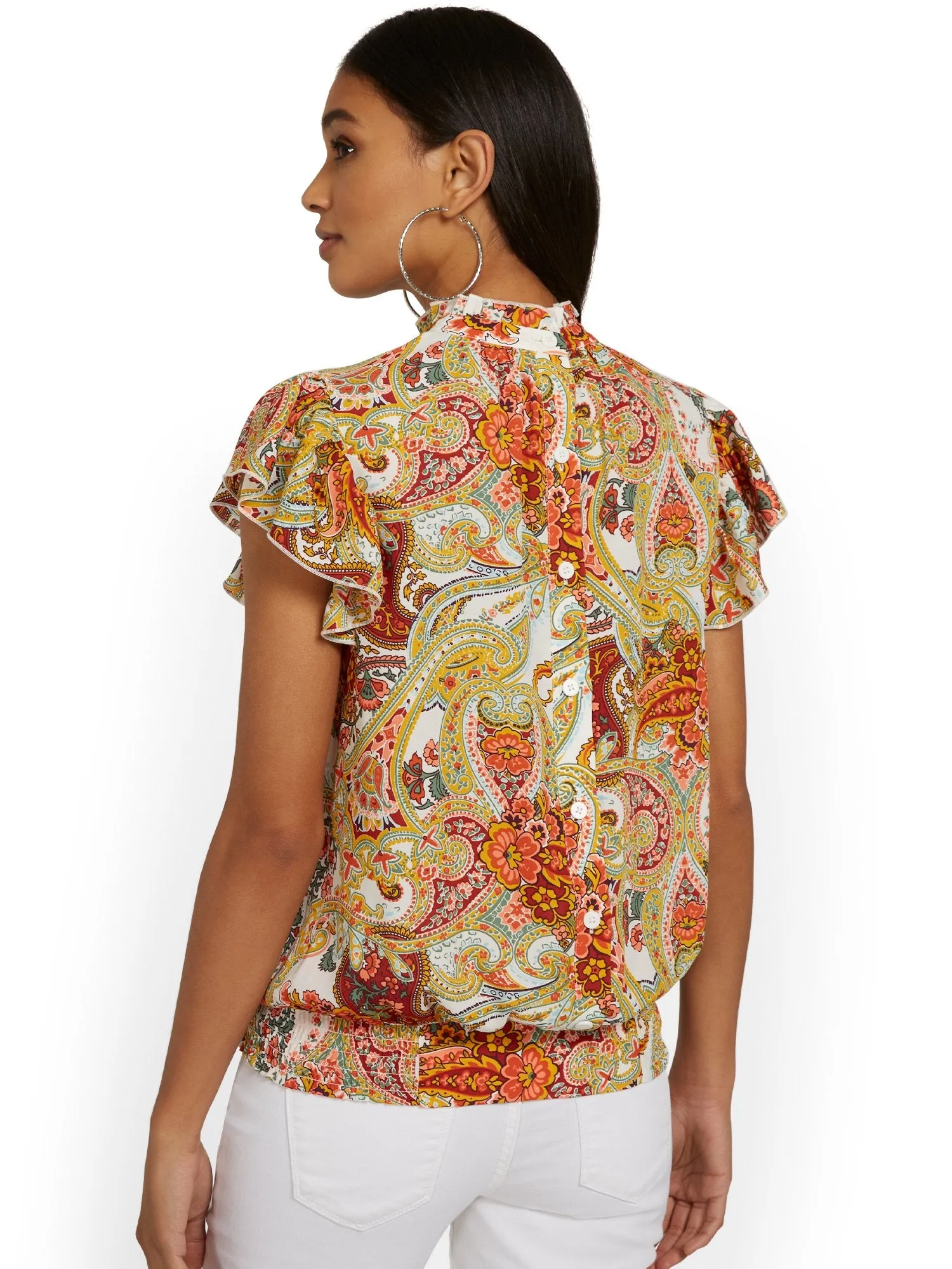 Paisley Flutter-Sleeve Button-Back Blouse