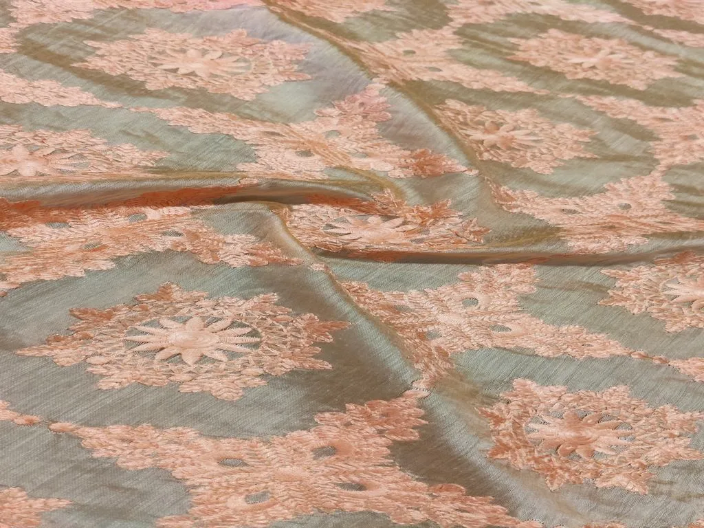 Peach Traditional Chikankari Embroidered Chanderi Fabric