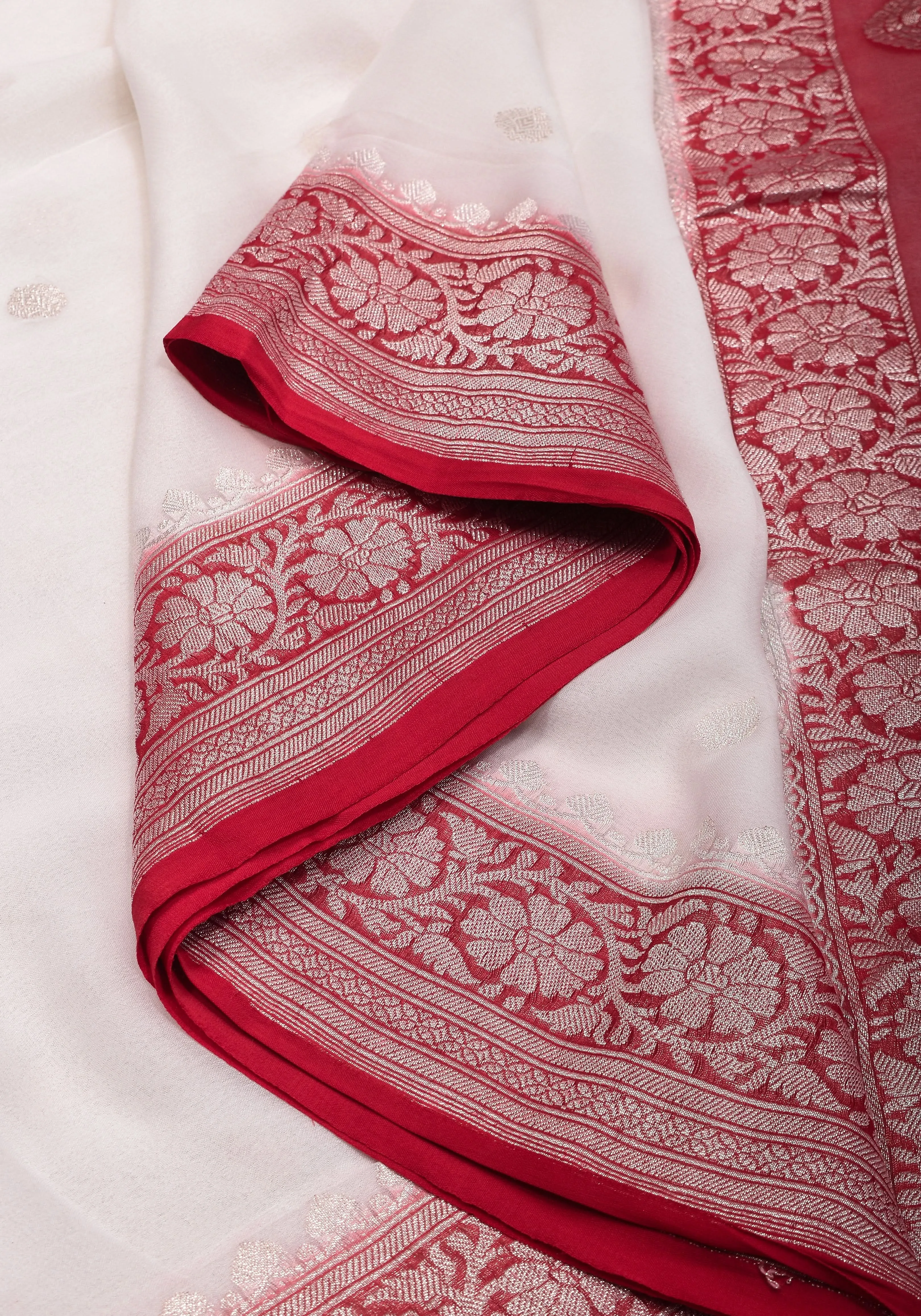 Pure Silk Chiffon Saree in White with Silver Tone Zari Buttas & Red Border | SILK MARK CERTIFIED