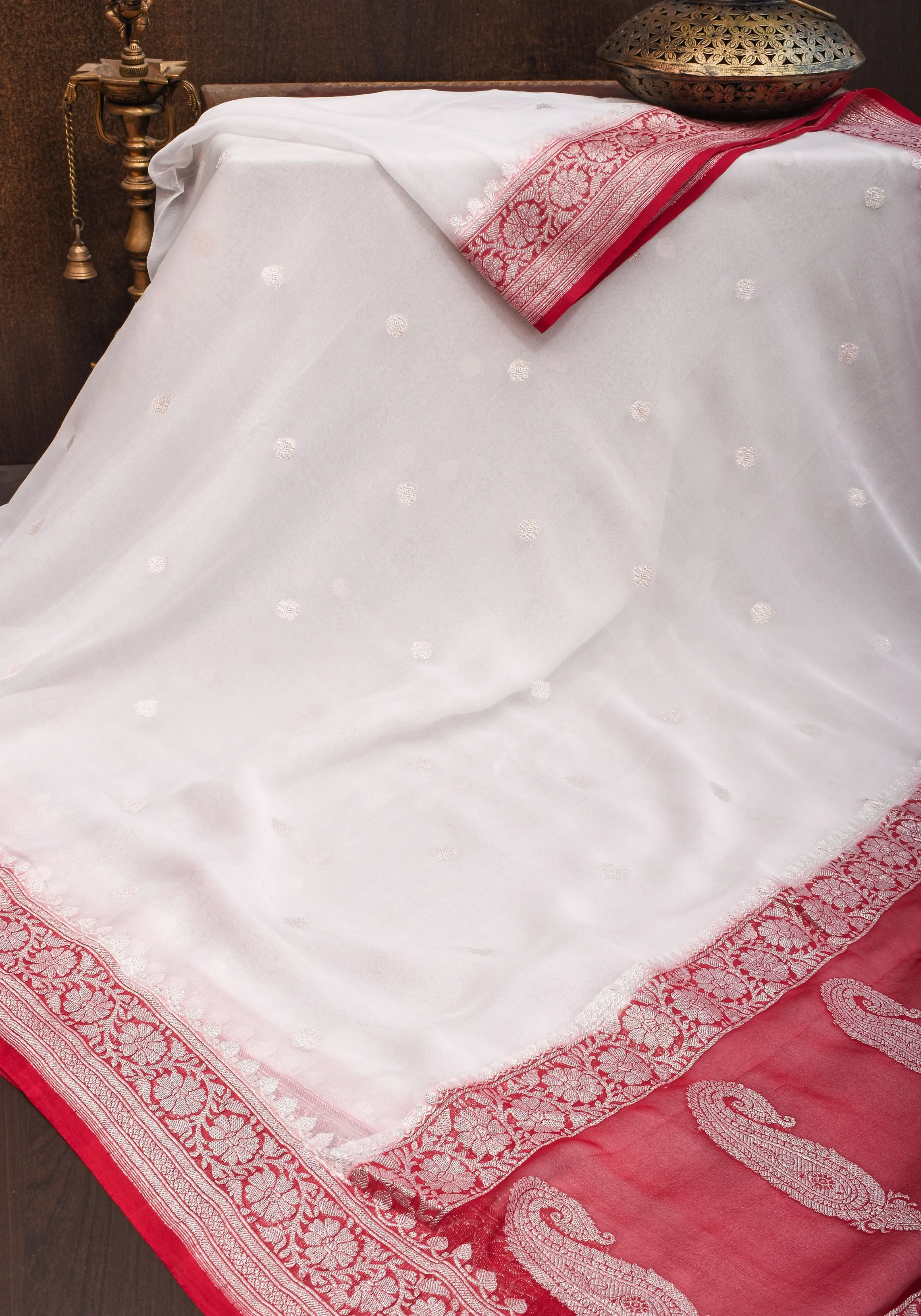 Pure Silk Chiffon Saree in White with Silver Tone Zari Buttas & Red Border | SILK MARK CERTIFIED