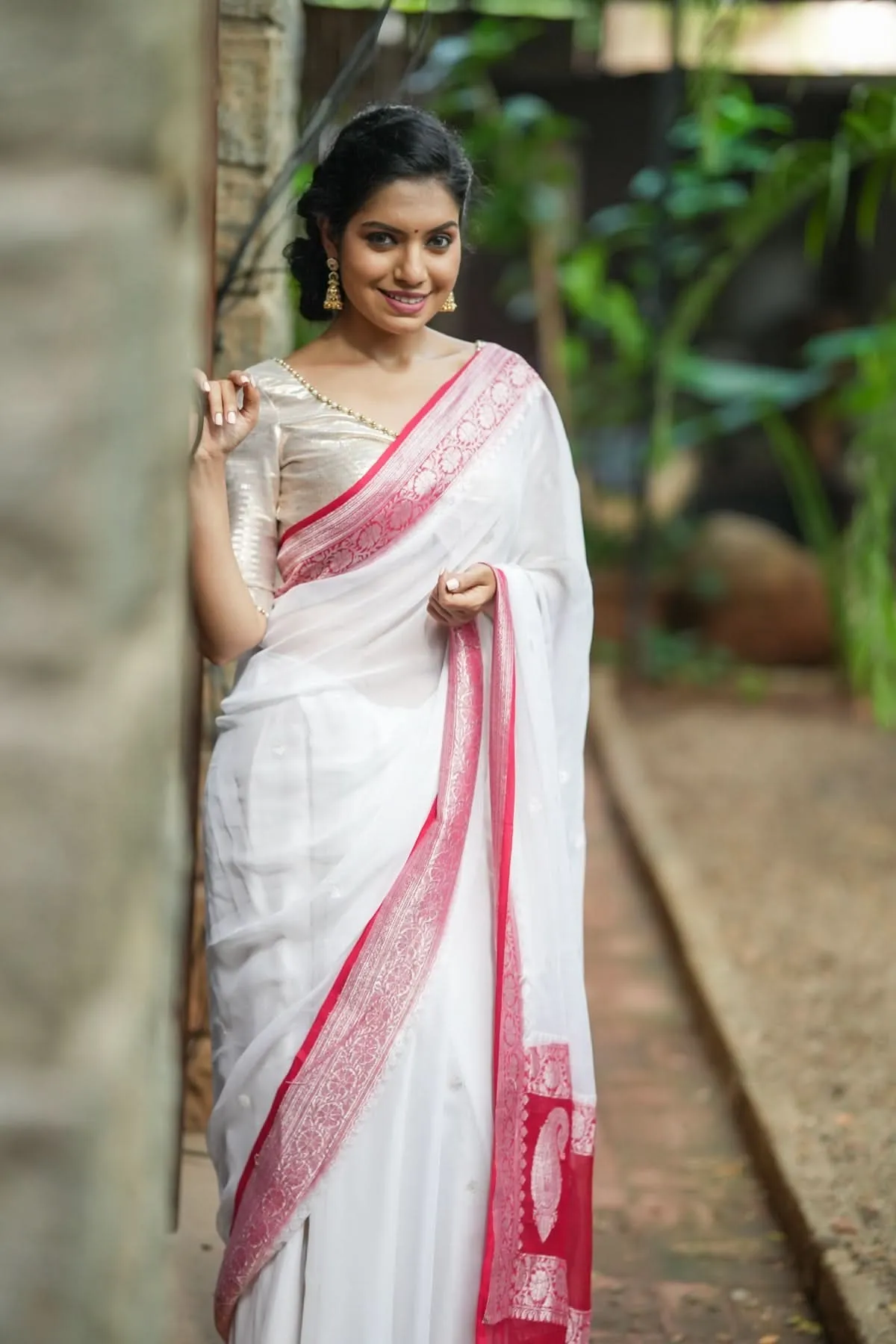 Pure Silk Chiffon Saree in White with Silver Tone Zari Buttas & Red Border | SILK MARK CERTIFIED