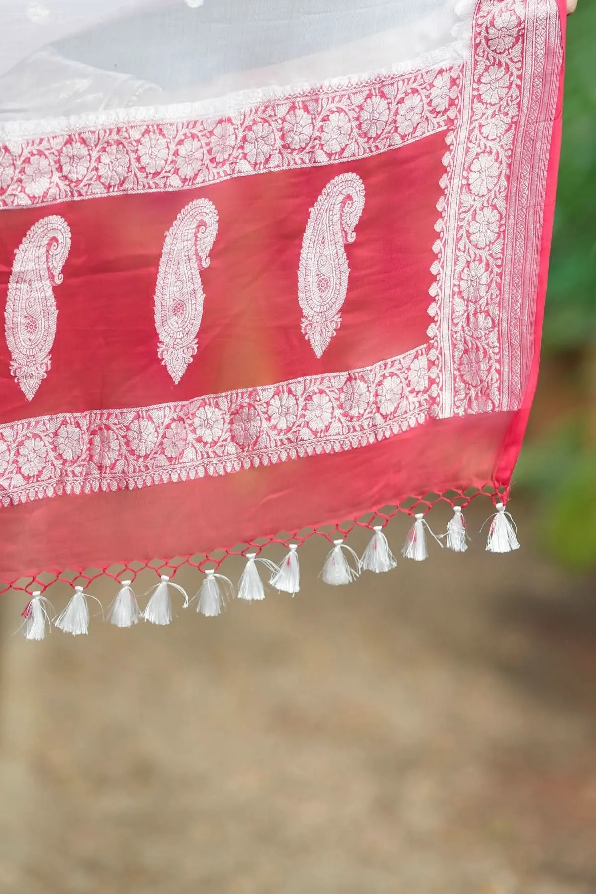 Pure Silk Chiffon Saree in White with Silver Tone Zari Buttas & Red Border | SILK MARK CERTIFIED