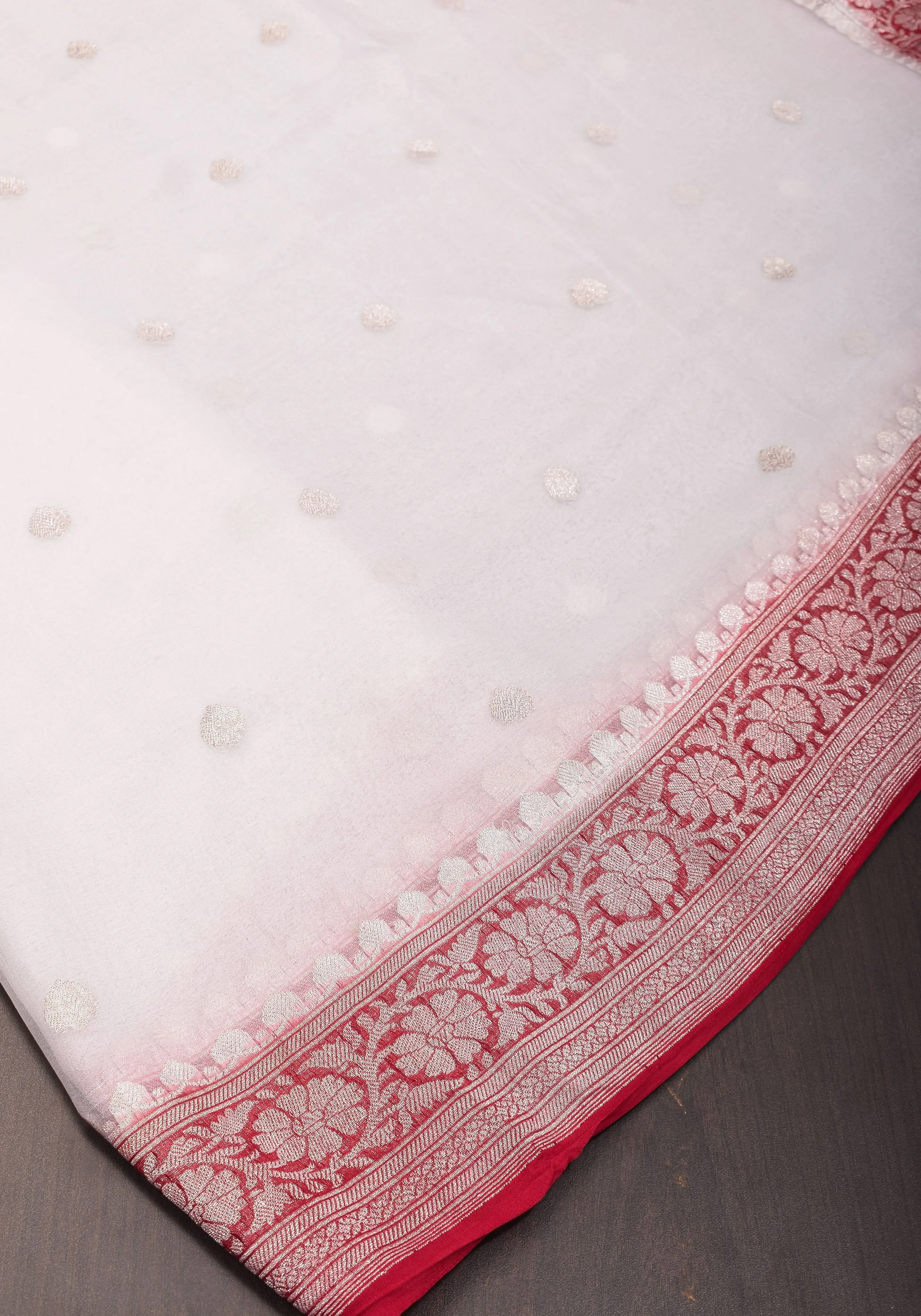 Pure Silk Chiffon Saree in White with Silver Tone Zari Buttas & Red Border | SILK MARK CERTIFIED