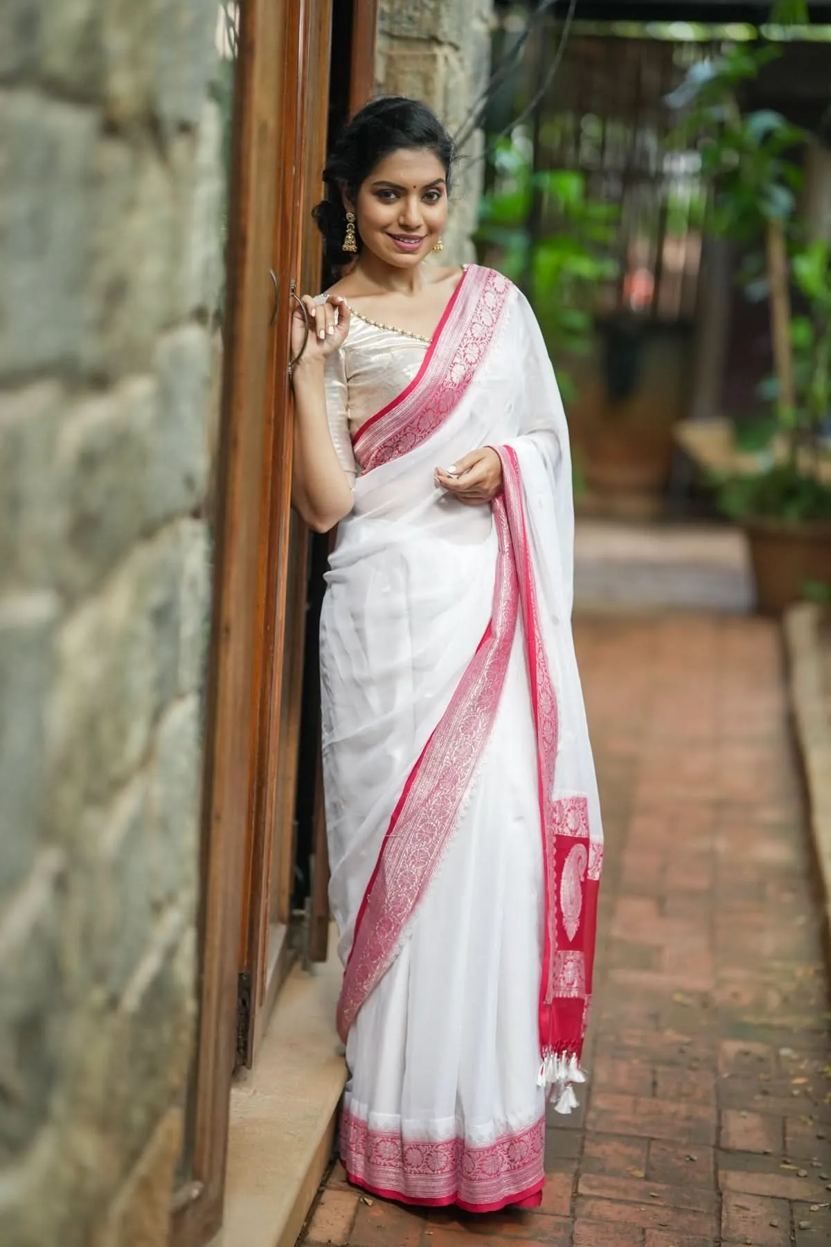 Pure Silk Chiffon Saree in White with Silver Tone Zari Buttas & Red Border | SILK MARK CERTIFIED