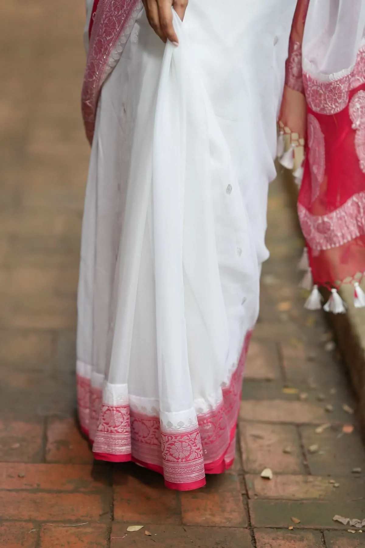 Pure Silk Chiffon Saree in White with Silver Tone Zari Buttas & Red Border | SILK MARK CERTIFIED