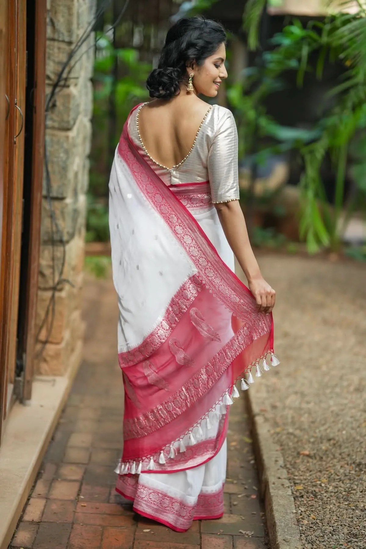 Pure Silk Chiffon Saree in White with Silver Tone Zari Buttas & Red Border | SILK MARK CERTIFIED