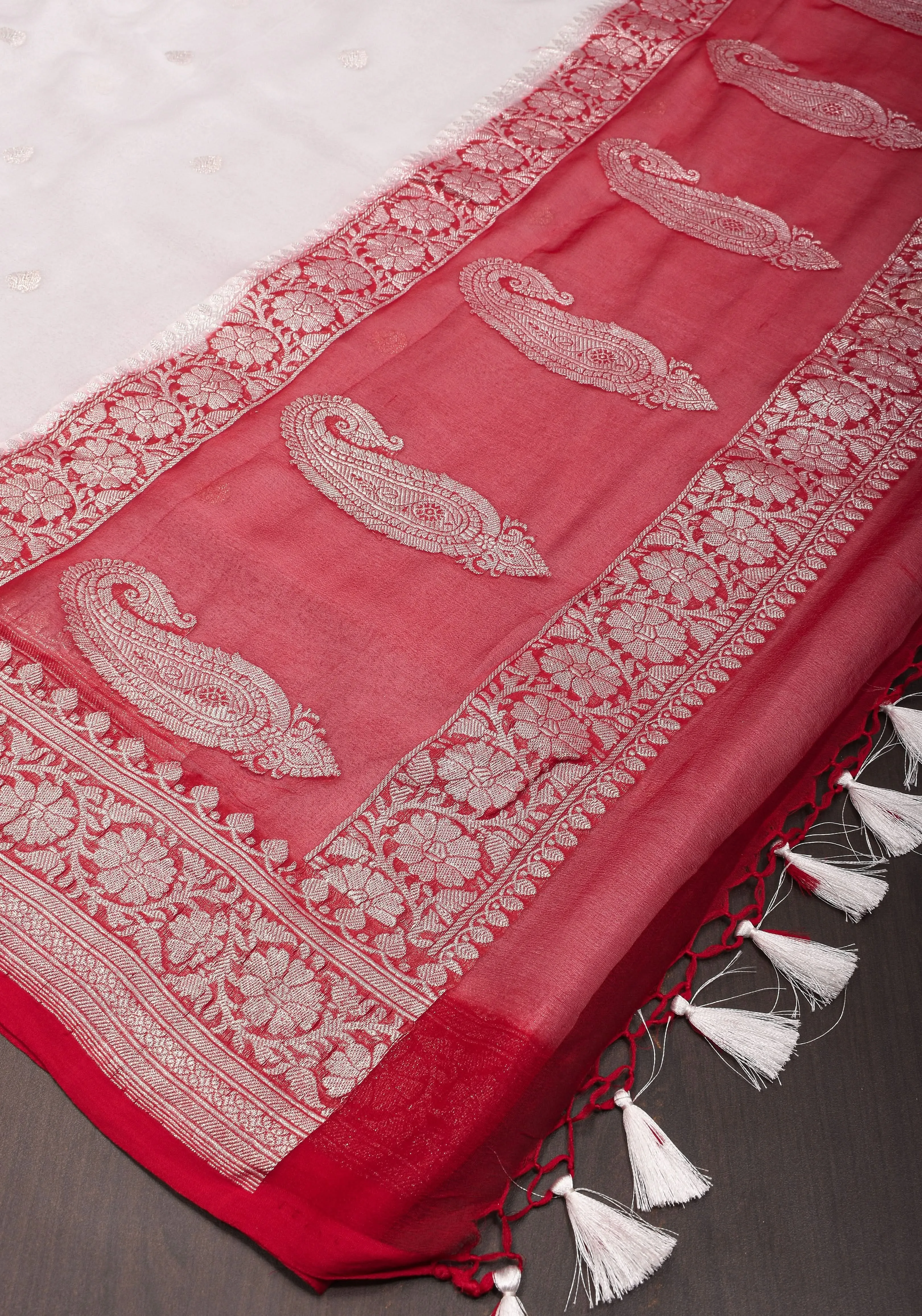 Pure Silk Chiffon Saree in White with Silver Tone Zari Buttas & Red Border | SILK MARK CERTIFIED