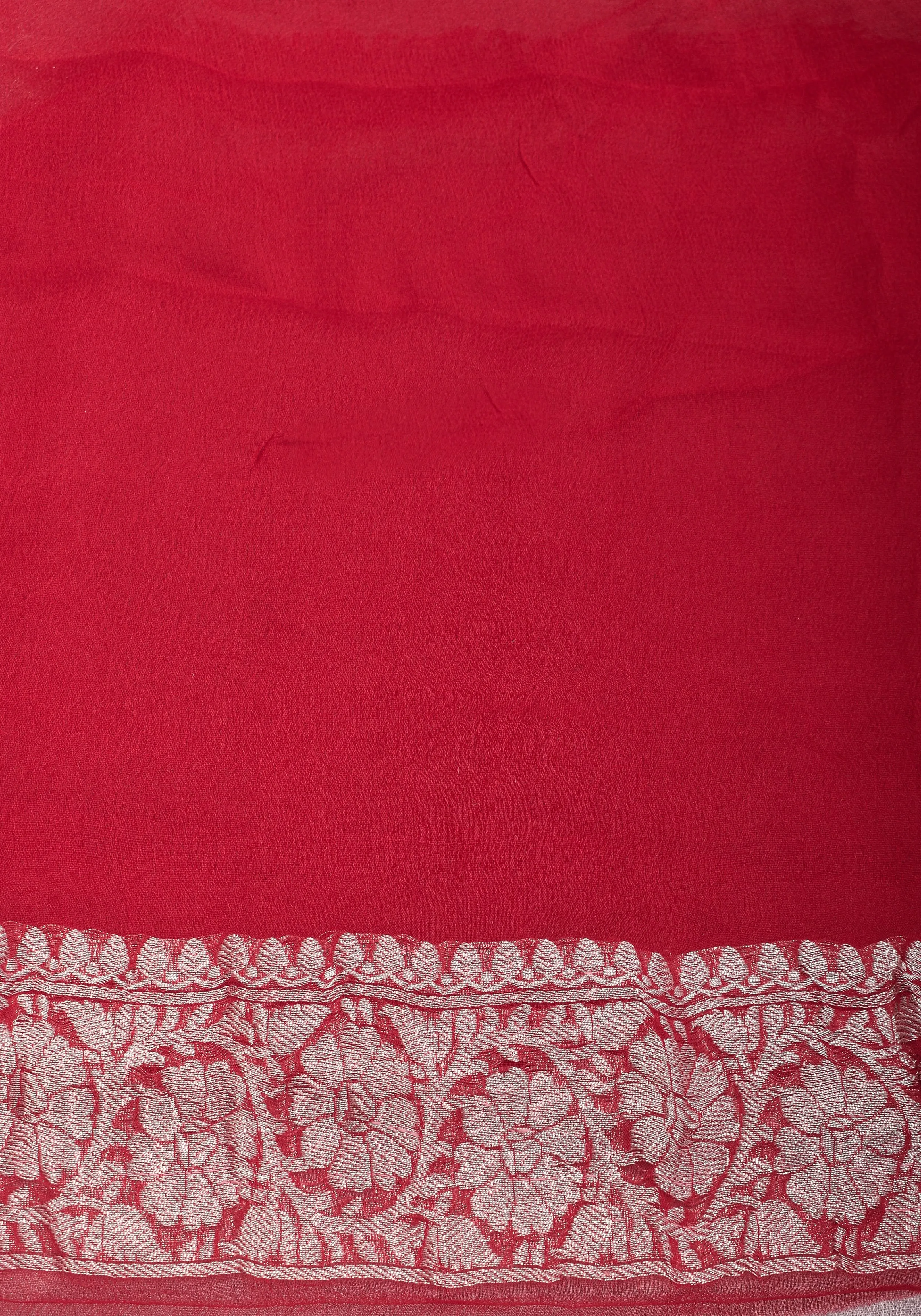 Pure Silk Chiffon Saree in White with Silver Tone Zari Buttas & Red Border | SILK MARK CERTIFIED