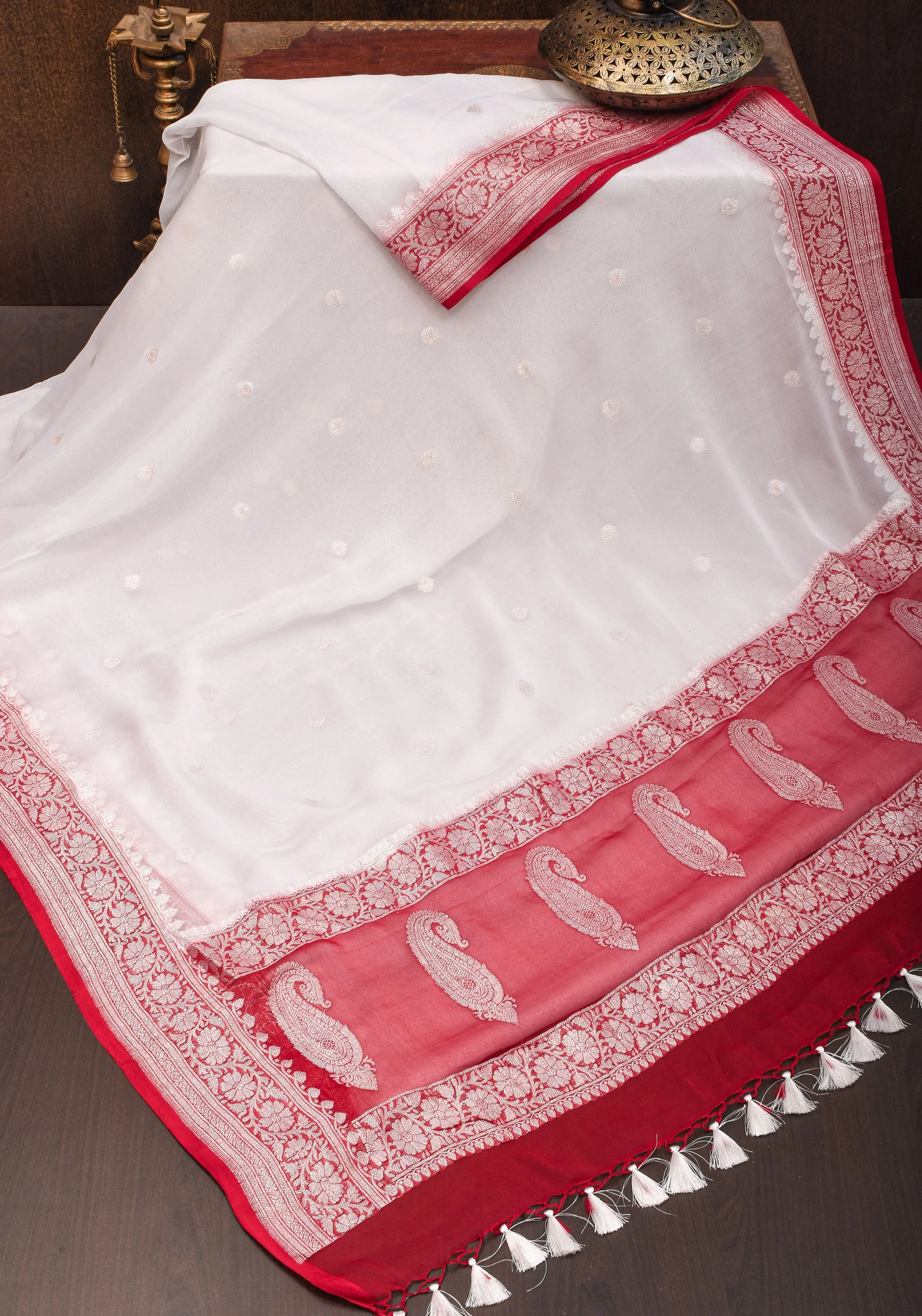 Pure Silk Chiffon Saree in White with Silver Tone Zari Buttas & Red Border | SILK MARK CERTIFIED