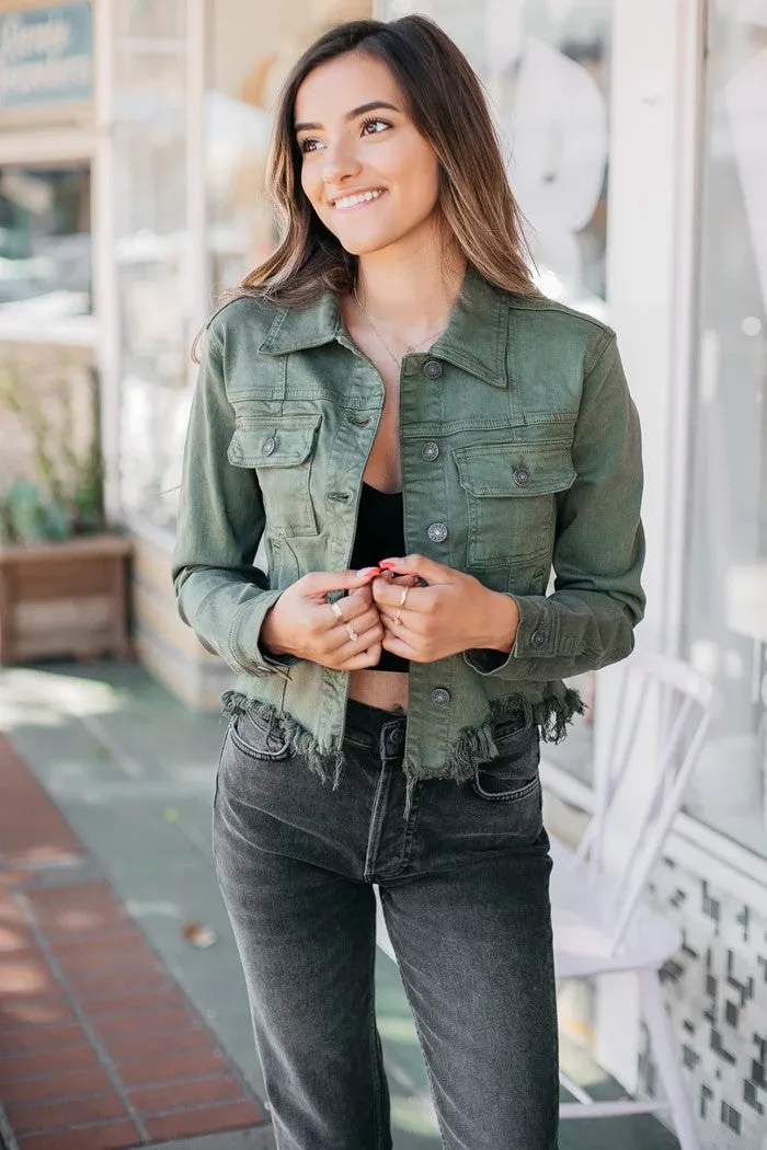 Rebel Cropped Denim Jacket -Olive