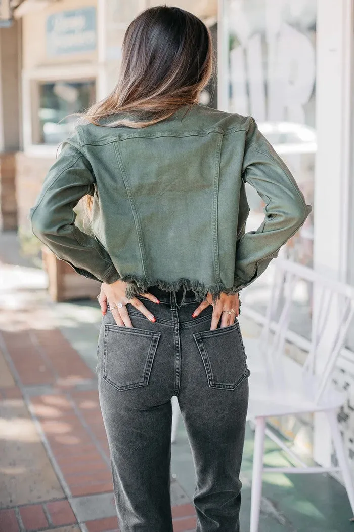 Rebel Cropped Denim Jacket -Olive