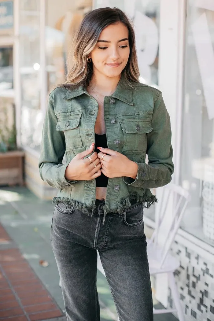 Rebel Cropped Denim Jacket -Olive