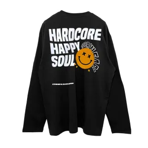 Relaxed Fit Siyah Uzun Kollu Tişört 'HARDCORE HAPPY SOUL' REFLECTIVE