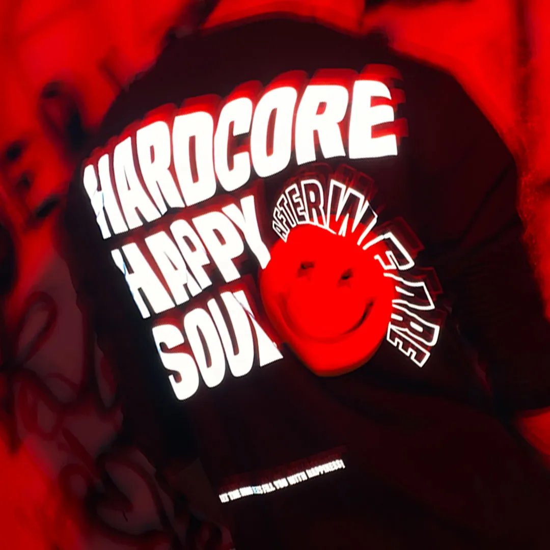 Relaxed Fit Siyah Uzun Kollu Tişört 'HARDCORE HAPPY SOUL' REFLECTIVE