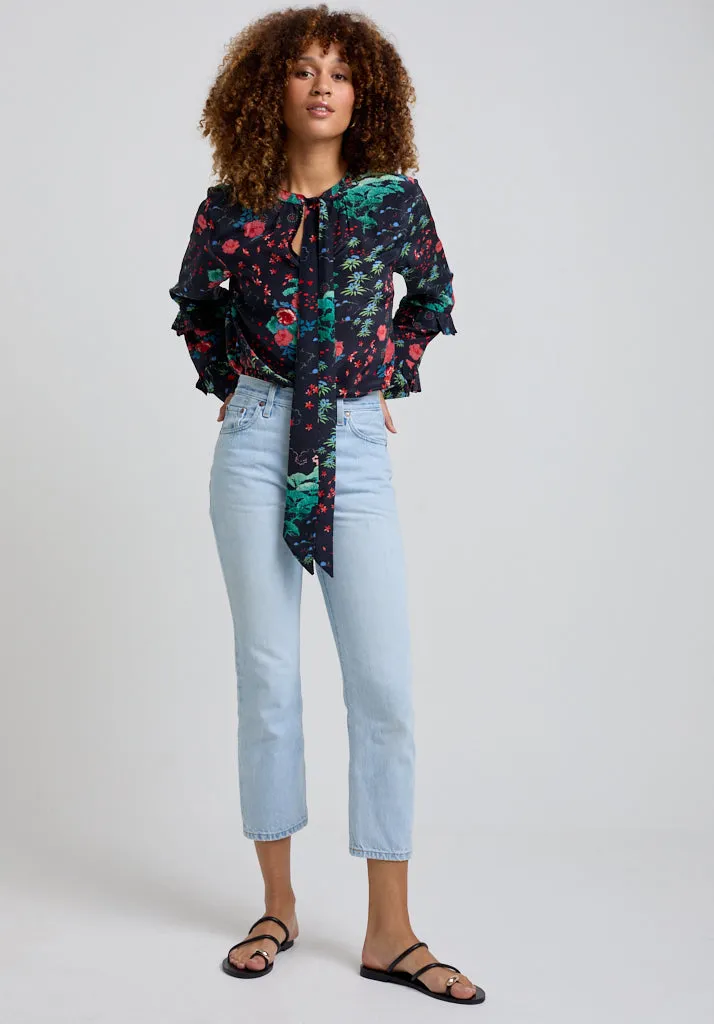 Rina Ruffle Sleeve Wonderland Print Blouse In Black