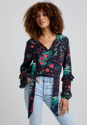 Rina Ruffle Sleeve Wonderland Print Blouse In Black