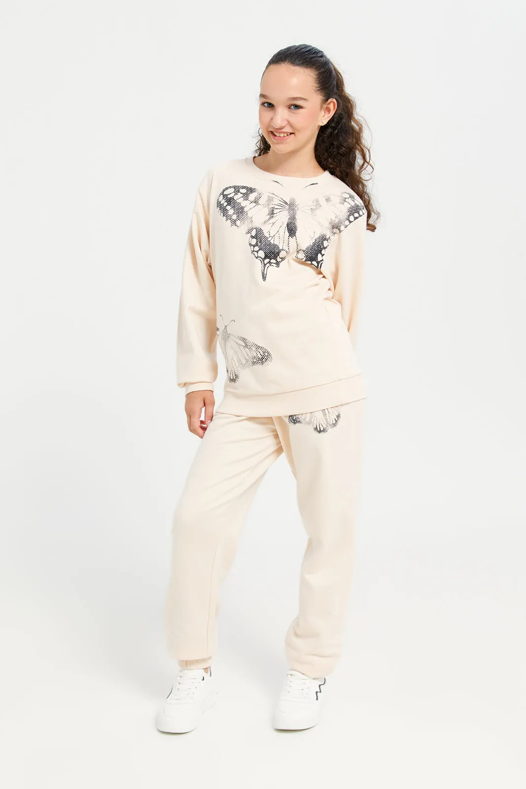 Senior Girls Beige Butterfly Print Sweatshirt