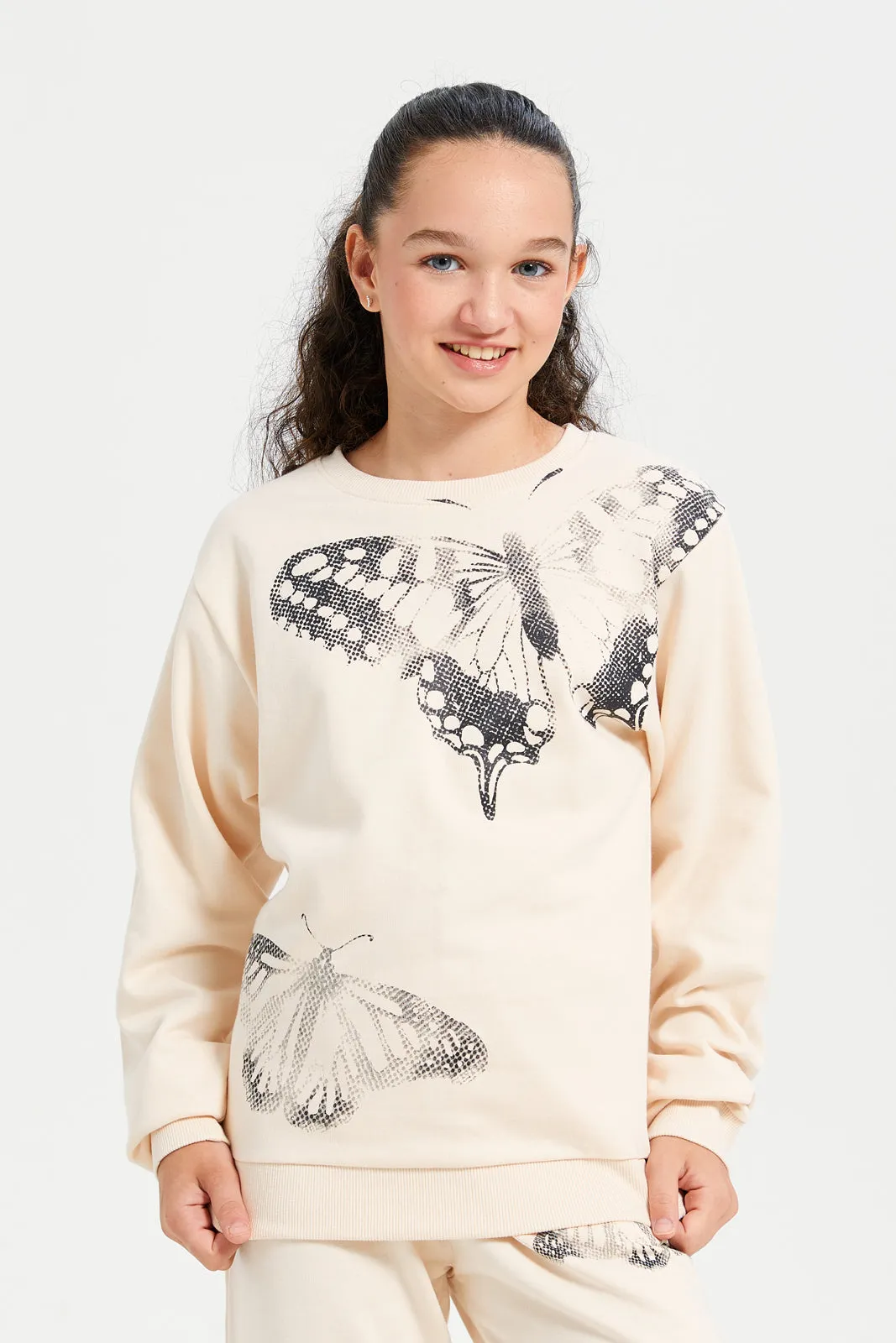 Senior Girls Beige Butterfly Print Sweatshirt