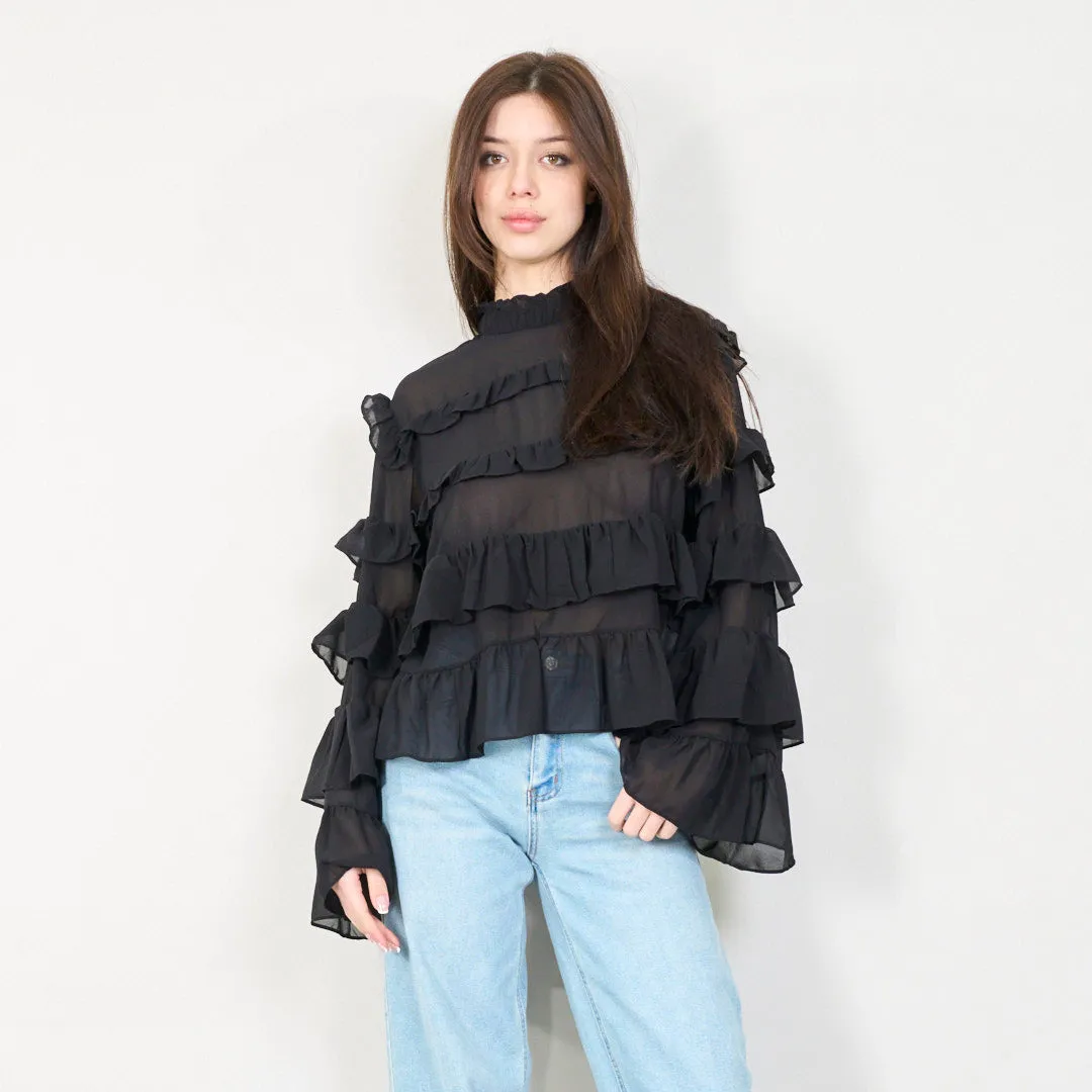 Sheer ruffled blouse with layered details wholesale