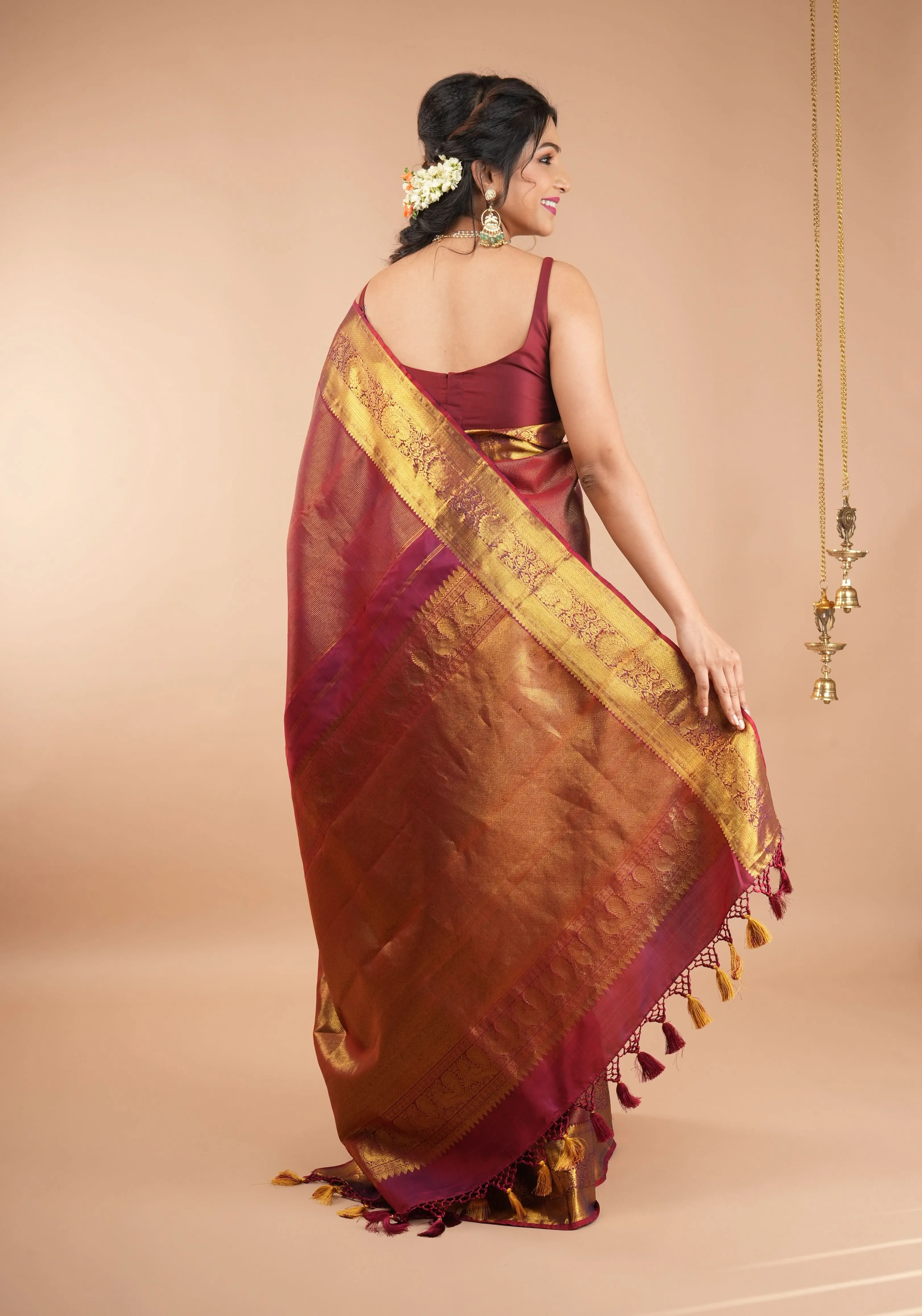 Shimmering Celebrity Special Zari Checks Pure Silk Kanjivaram Pure Silk Saree in Dark Red | SILK MARK CERTIFIED