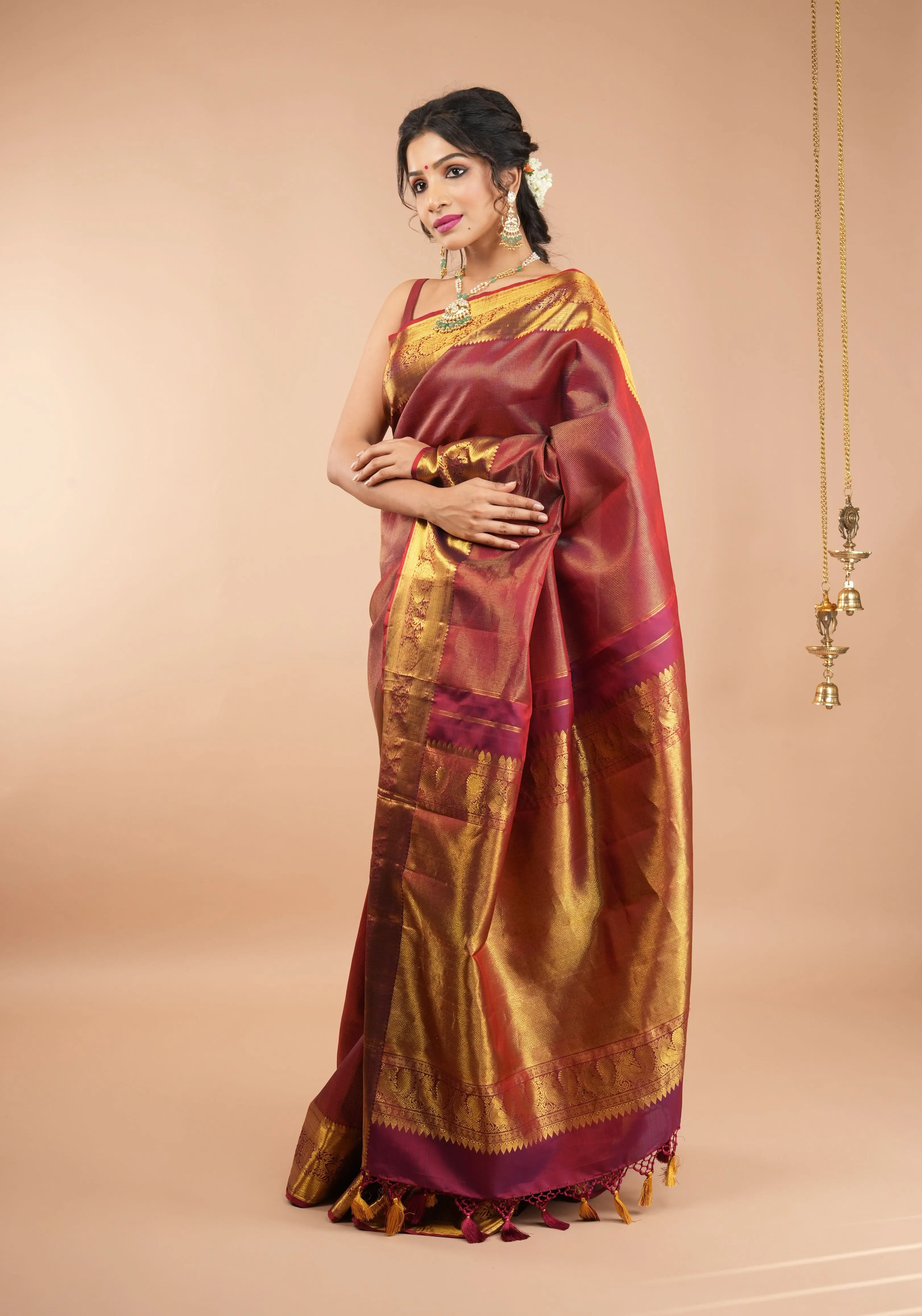 Shimmering Celebrity Special Zari Checks Pure Silk Kanjivaram Pure Silk Saree in Dark Red | SILK MARK CERTIFIED