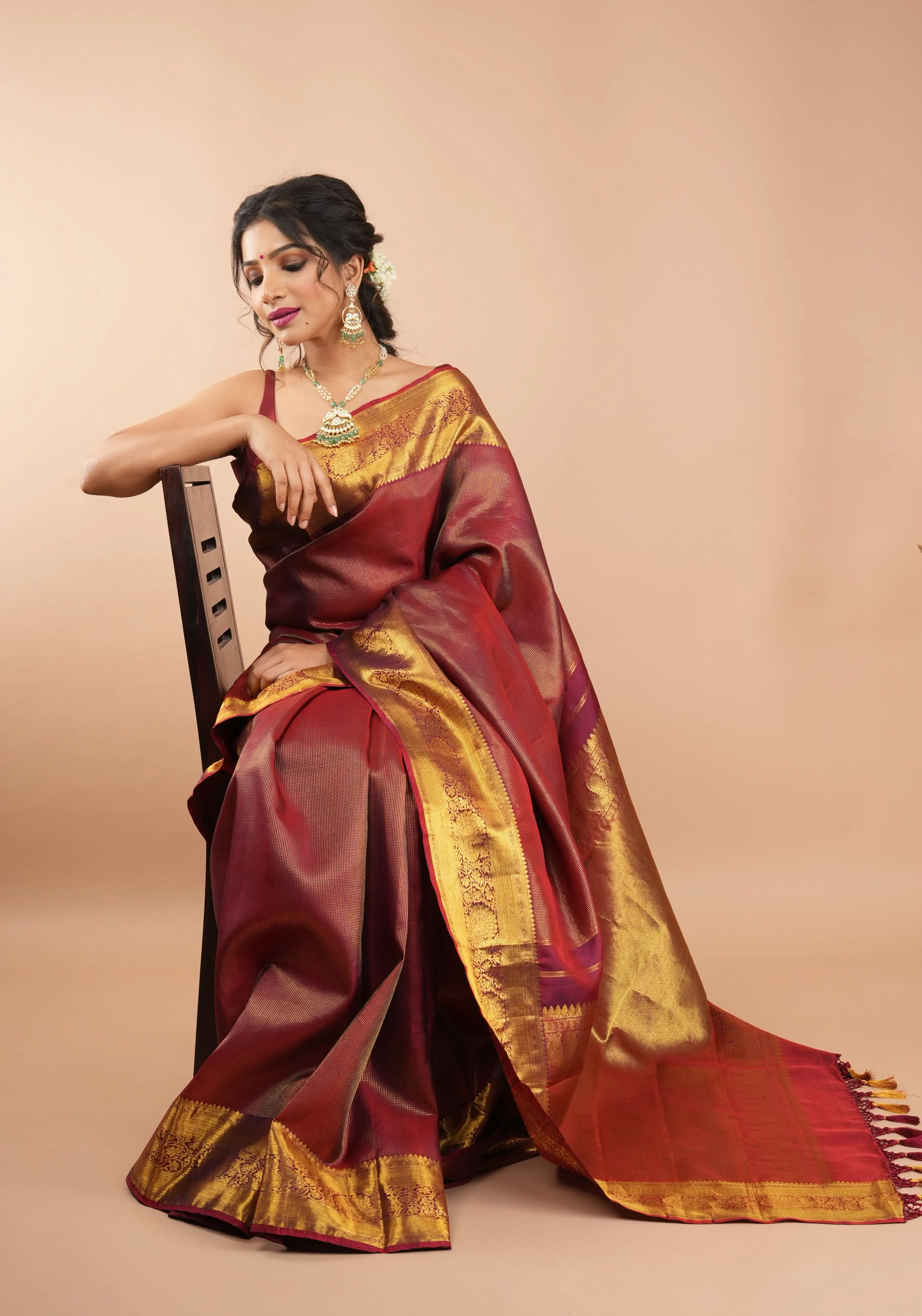 Shimmering Celebrity Special Zari Checks Pure Silk Kanjivaram Pure Silk Saree in Dark Red | SILK MARK CERTIFIED