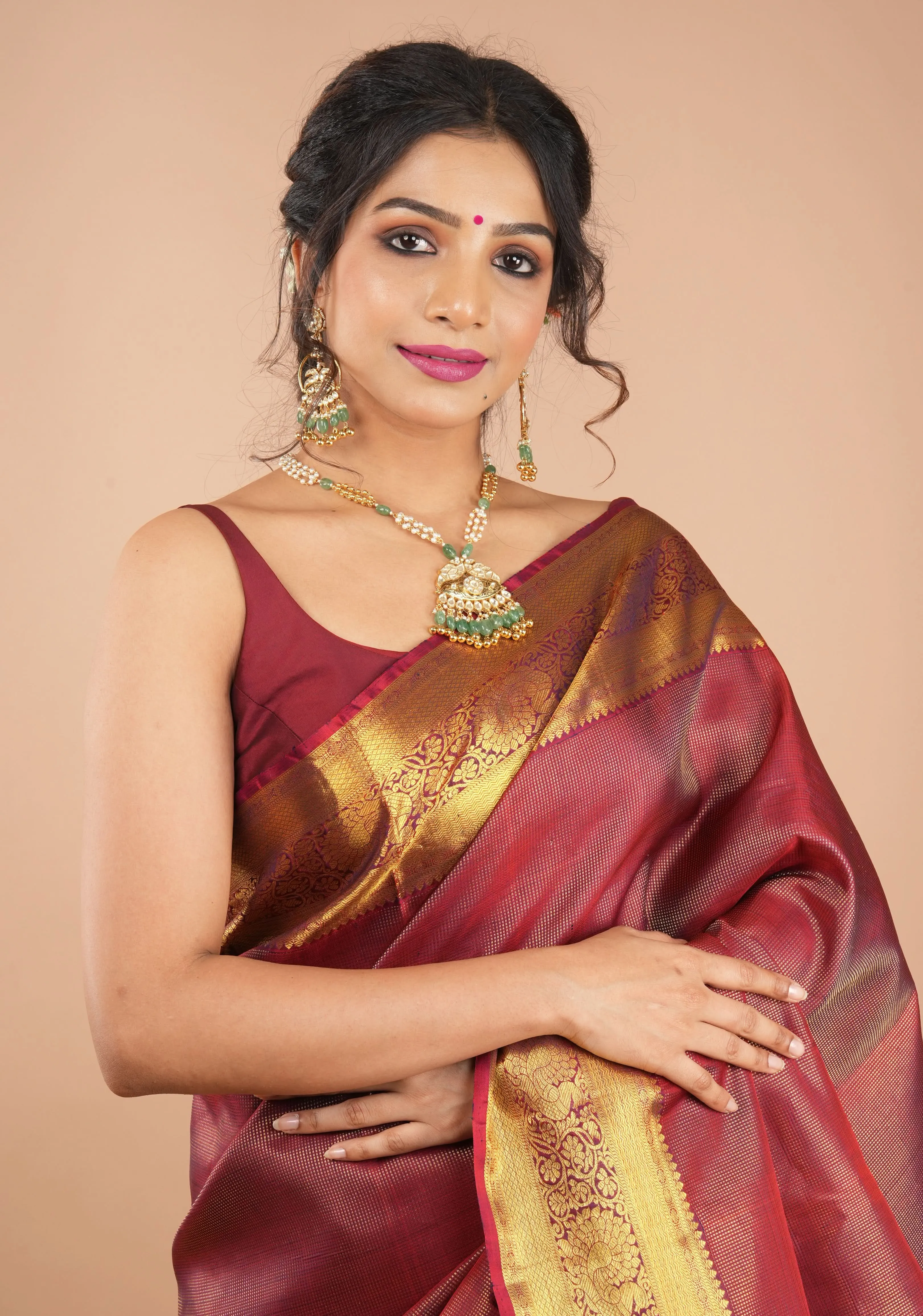 Shimmering Celebrity Special Zari Checks Pure Silk Kanjivaram Pure Silk Saree in Dark Red | SILK MARK CERTIFIED