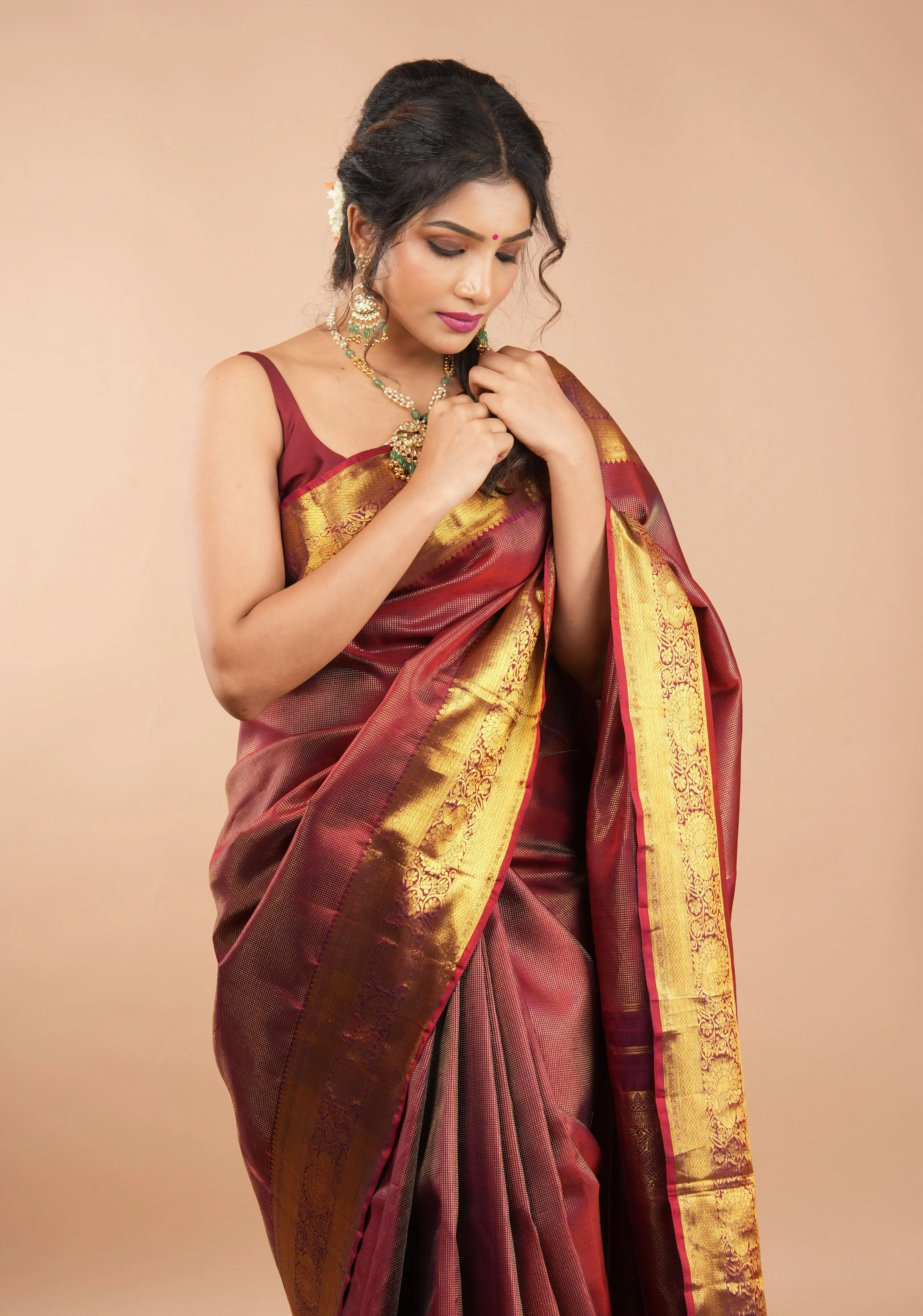 Shimmering Celebrity Special Zari Checks Pure Silk Kanjivaram Pure Silk Saree in Dark Red | SILK MARK CERTIFIED