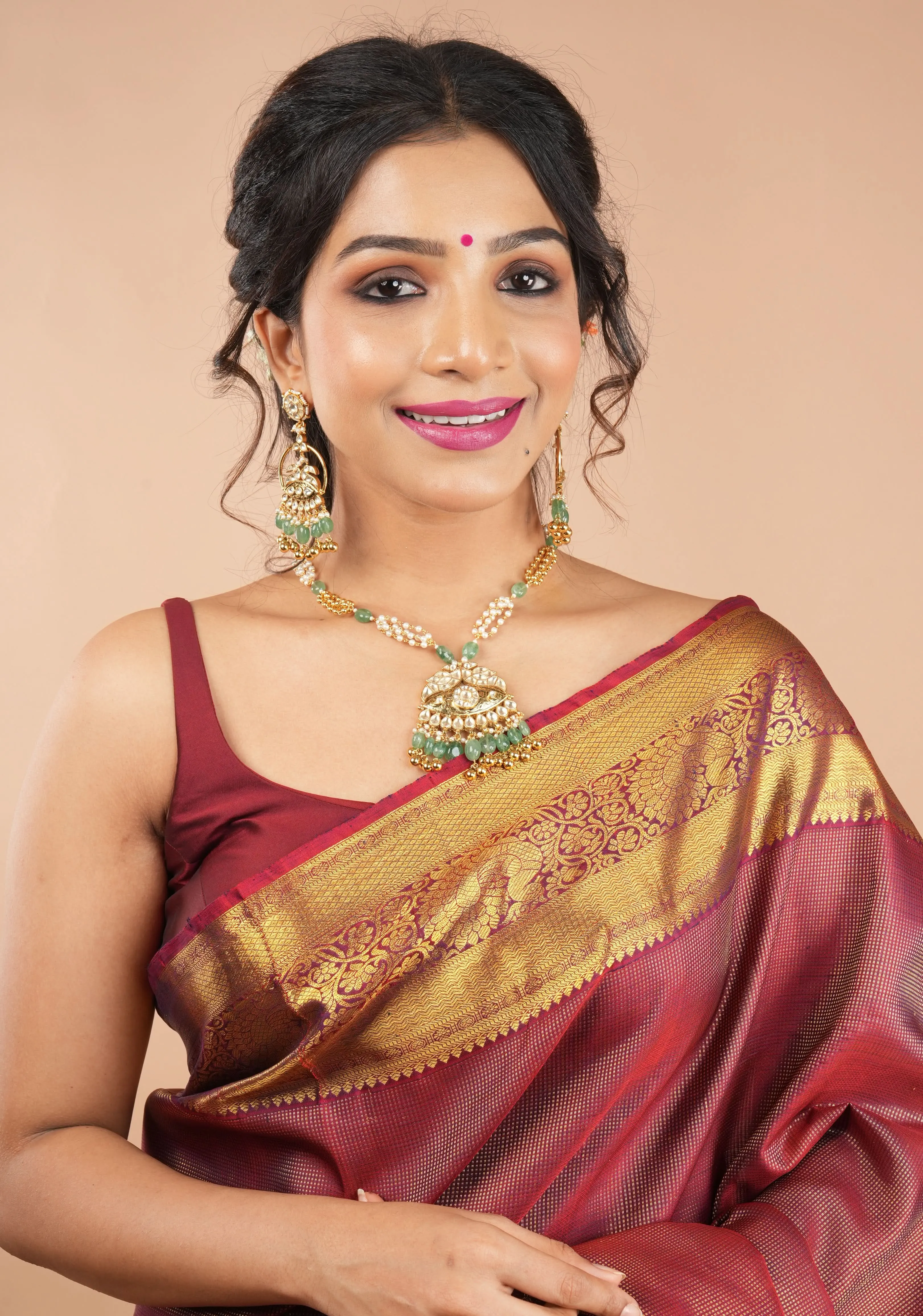 Shimmering Celebrity Special Zari Checks Pure Silk Kanjivaram Pure Silk Saree in Dark Red | SILK MARK CERTIFIED