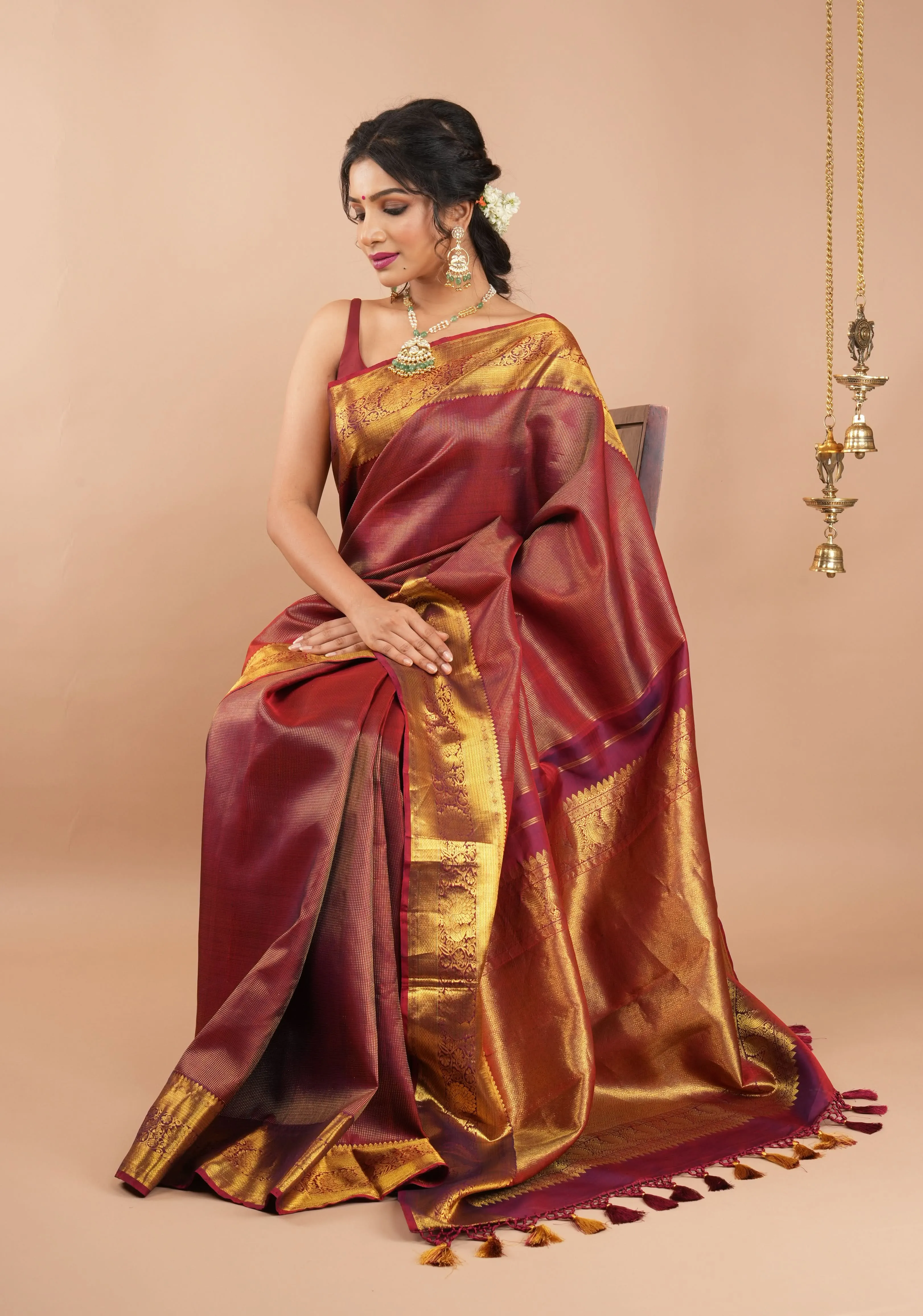 Shimmering Celebrity Special Zari Checks Pure Silk Kanjivaram Pure Silk Saree in Dark Red | SILK MARK CERTIFIED