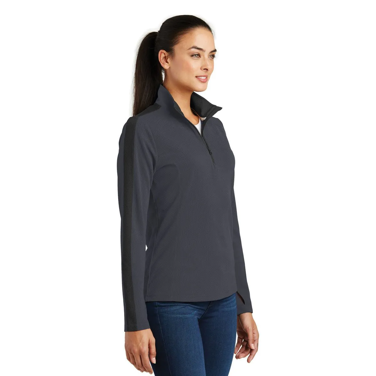 Sport-Tek Women's Iron Grey/Black Sport-Wick Textured Colorblock Quarter Zip Pullover