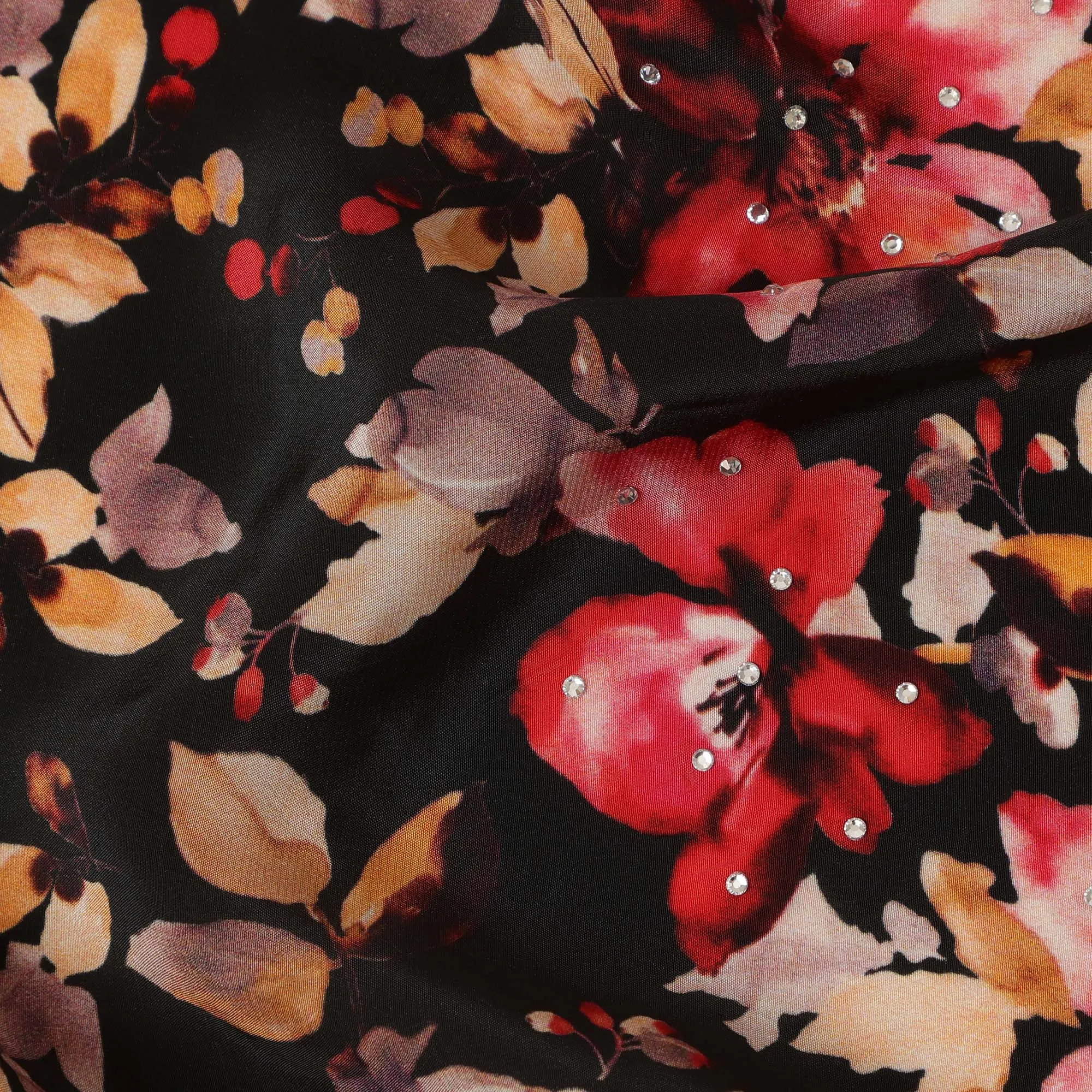 Synthetic Crepe Fabric with Stone Work - Bold Red and Gold Floral on Black Background, 110 cm Width-D20647