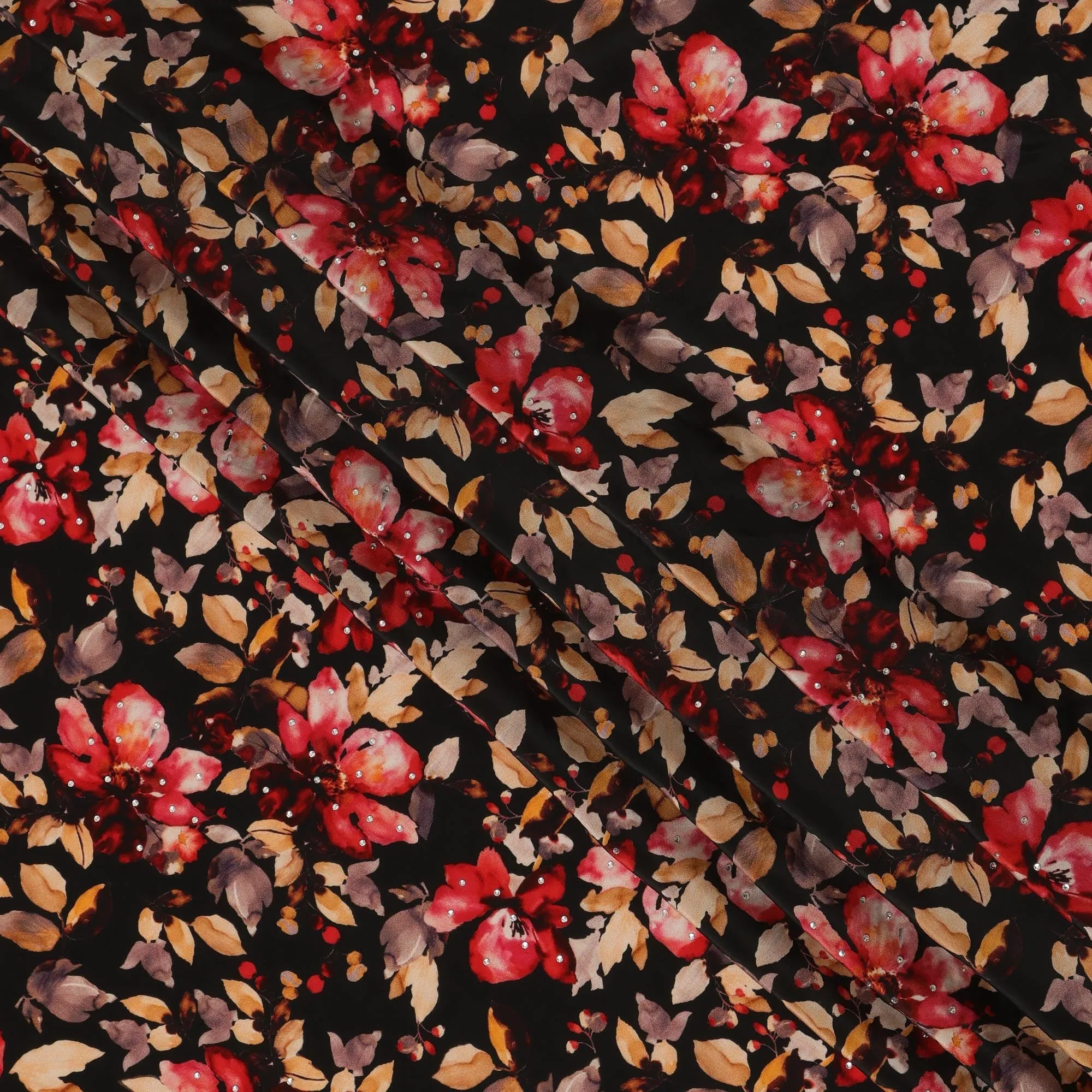 Synthetic Crepe Fabric with Stone Work - Bold Red and Gold Floral on Black Background, 110 cm Width-D20647