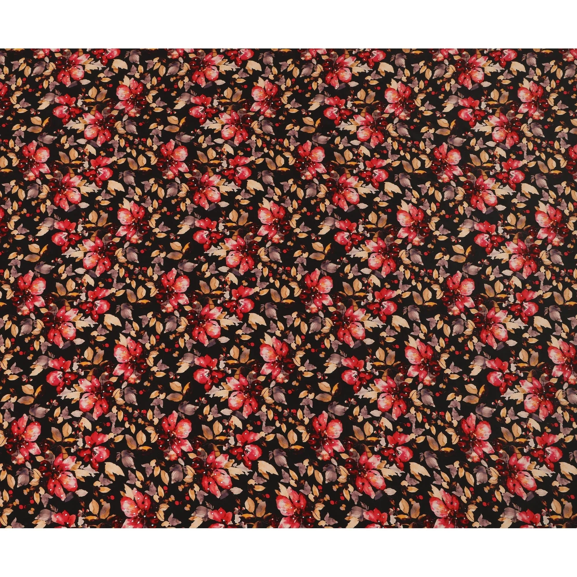 Synthetic Crepe Fabric with Stone Work - Bold Red and Gold Floral on Black Background, 110 cm Width-D20647