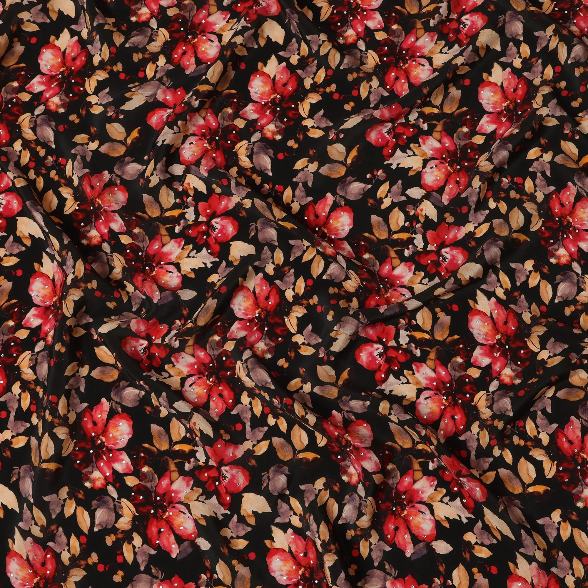 Synthetic Crepe Fabric with Stone Work - Bold Red and Gold Floral on Black Background, 110 cm Width-D20647