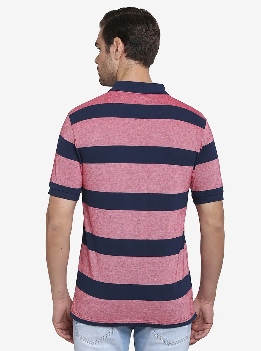 Teaberry & Blue Striped Slim Fit Polo T-shirt  | Greenfibre