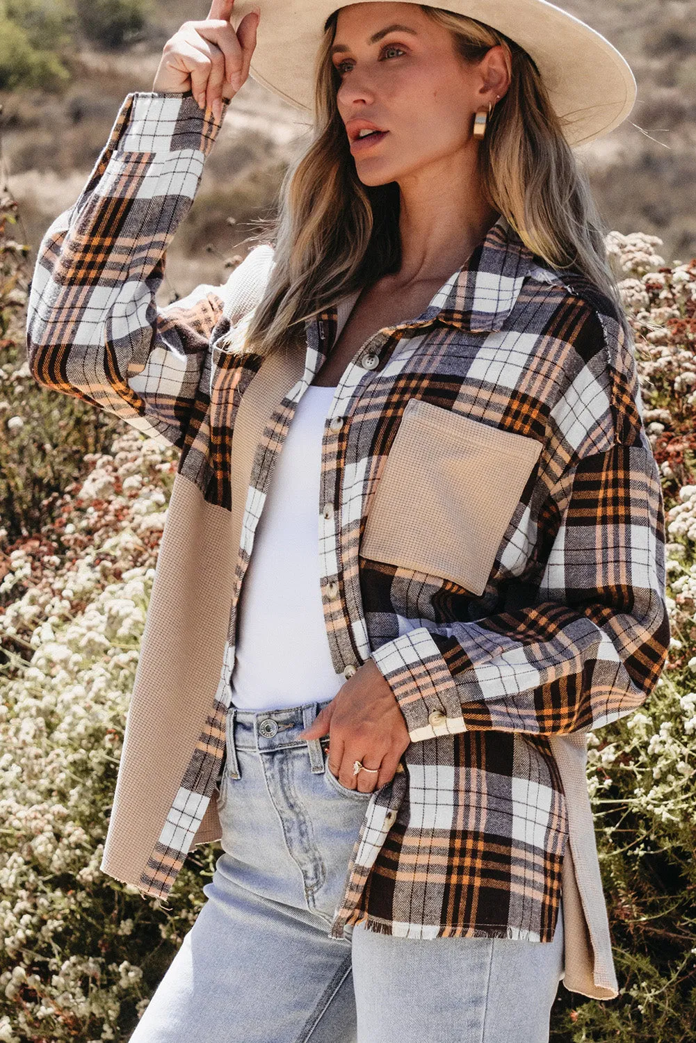 Thermal Knit Plaid Patchwork Shacket